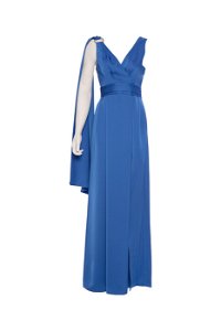 GIZIA - Asimetrik Taş Toka Detaylı Uzun Saten Mavi Elbise
