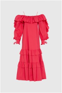 GIZIA - Düşük Kollu İp Askılı Midi Kırmızı Elbise