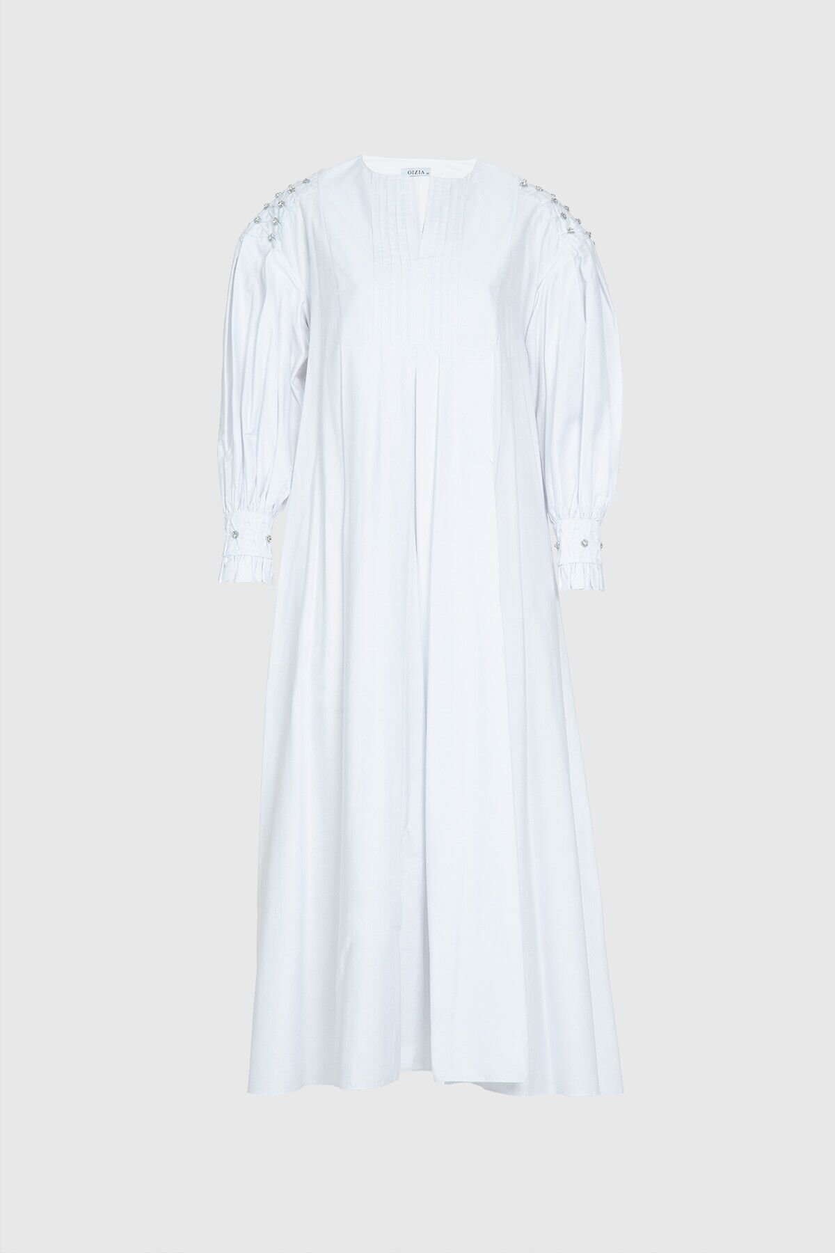 İşleme Ve Balon Kol Detaylı Uzun Poplin Beyaz Elbise - Gizia