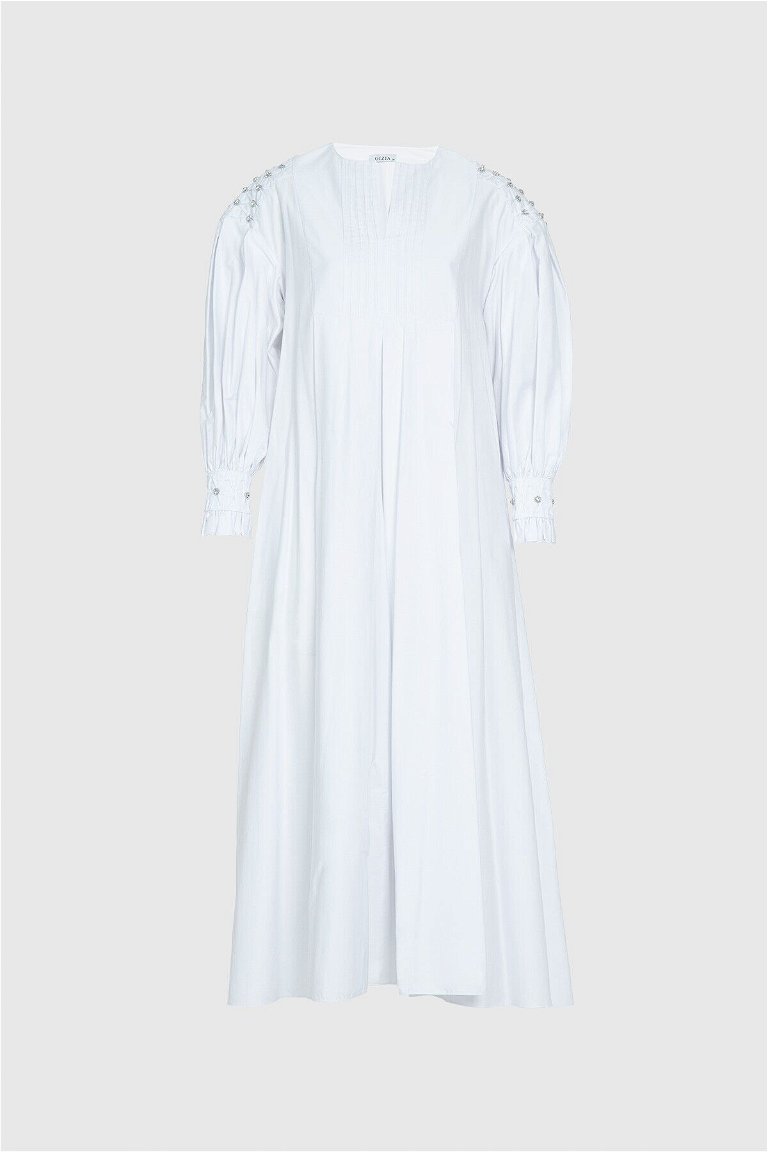  GIZIA - İşleme Ve Balon Kol Detaylı Uzun Poplin Beyaz Elbise