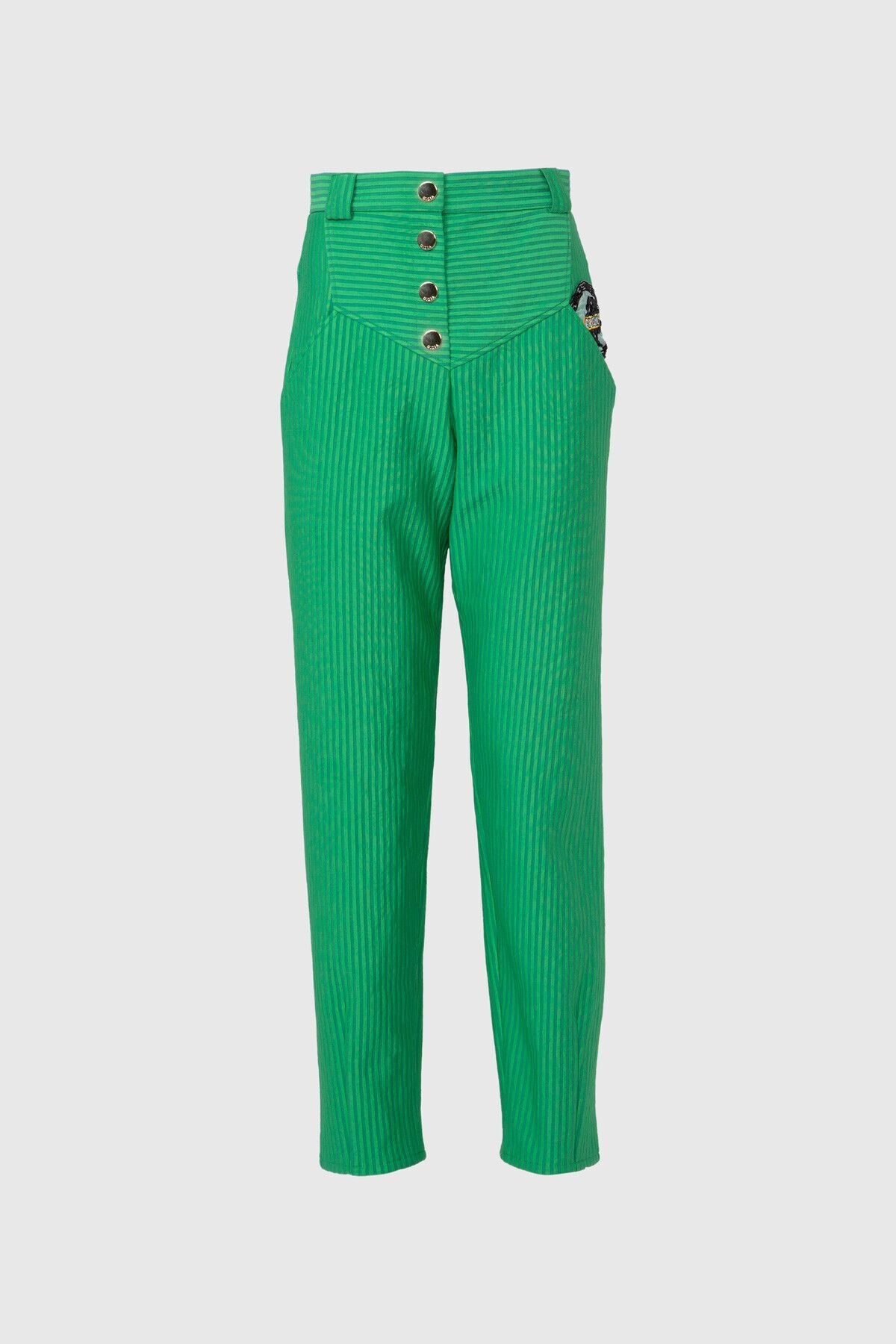 Yüksek Bel Nakış Detaylı Çıtçıtlı Mom Yeşil Pantolon