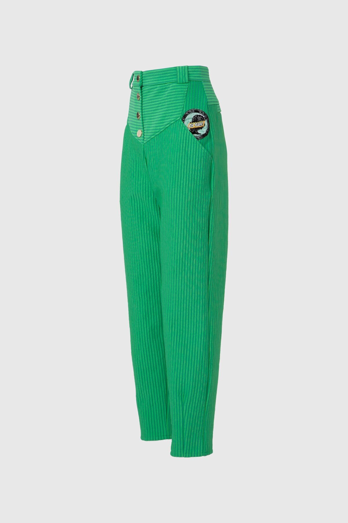 Yüksek Bel Nakış Detaylı Çıtçıtlı Mom Yeşil Pantolon