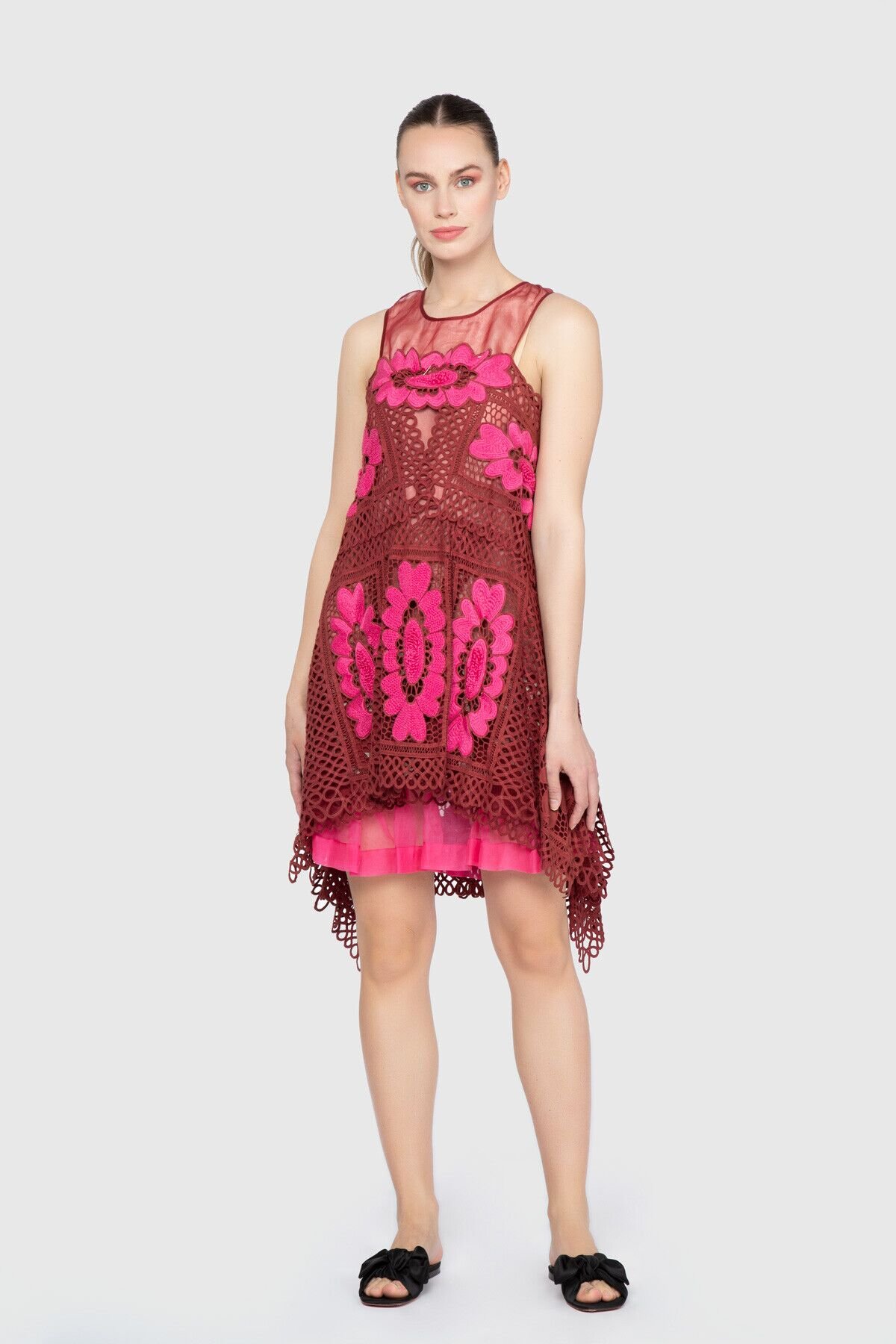 Sheer Detailed Sleeveless Above Knee Red Pink Dress