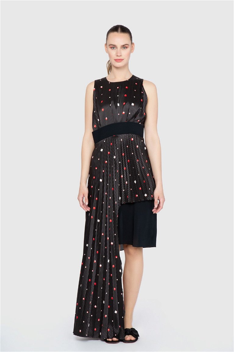  GIZIAGATE - Chalayan Desenli Asimetrik Kesim Siyah Tasarım Elbise