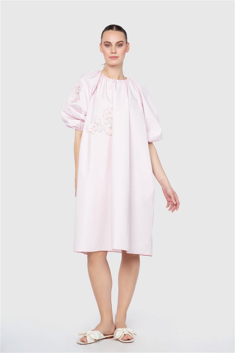  GIZIAGATE - Voluminous Short Sleeve Knee Length Pink Dress