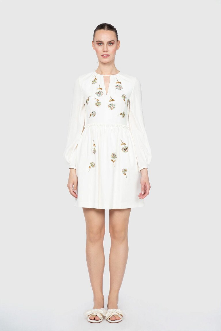 GIZIAGATE - Dice Kayek Yırtmaç Yaka Detaylı Mini Beyaz Tasarım Elbise