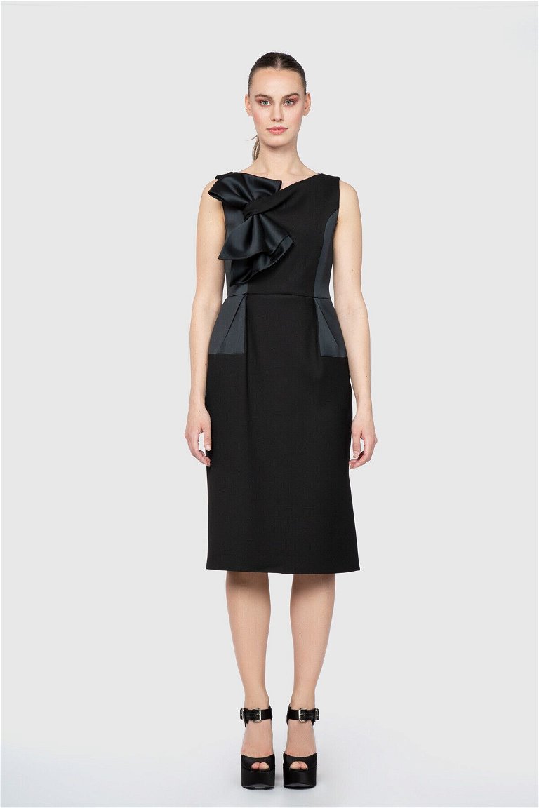  GIZIAGATE - Bow Tie Detailed Midi Length Black Cocktail Dress