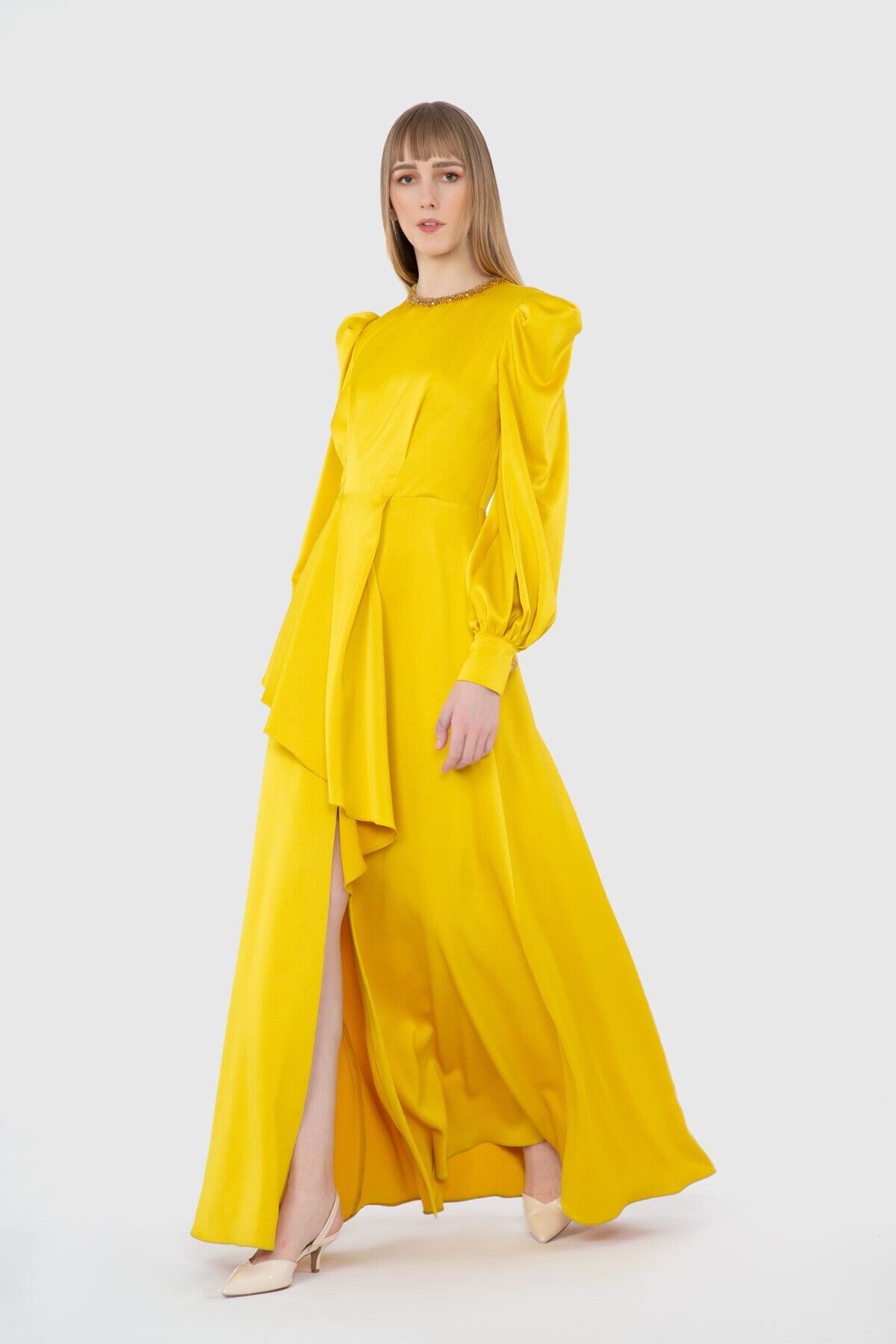 Stone Detailed Yellow Long Dress