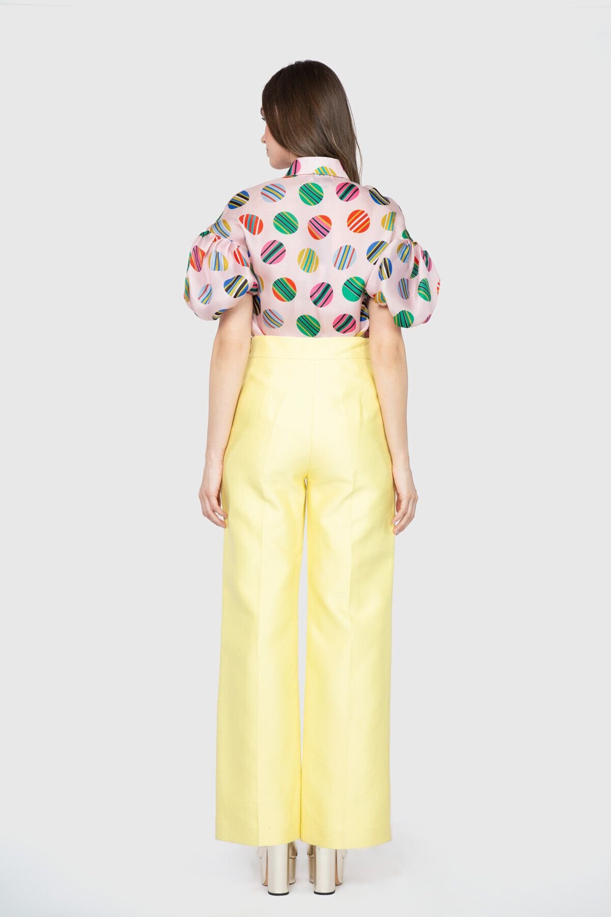 Dice Kayek Yüksek Bel Geniş Paça Düğme Detaylı Sarı Tasarım Pantolon