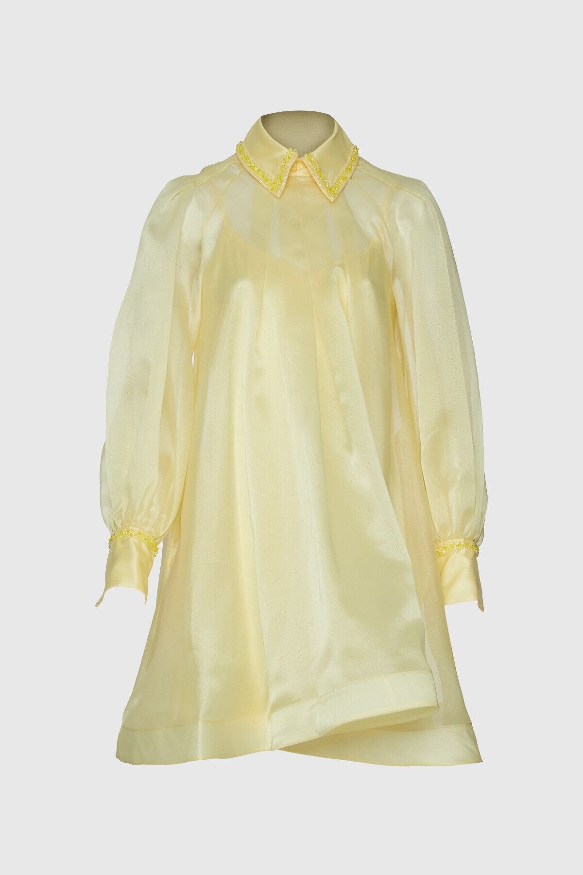 Embroidered Detailed Organza Mini Yellow Dress