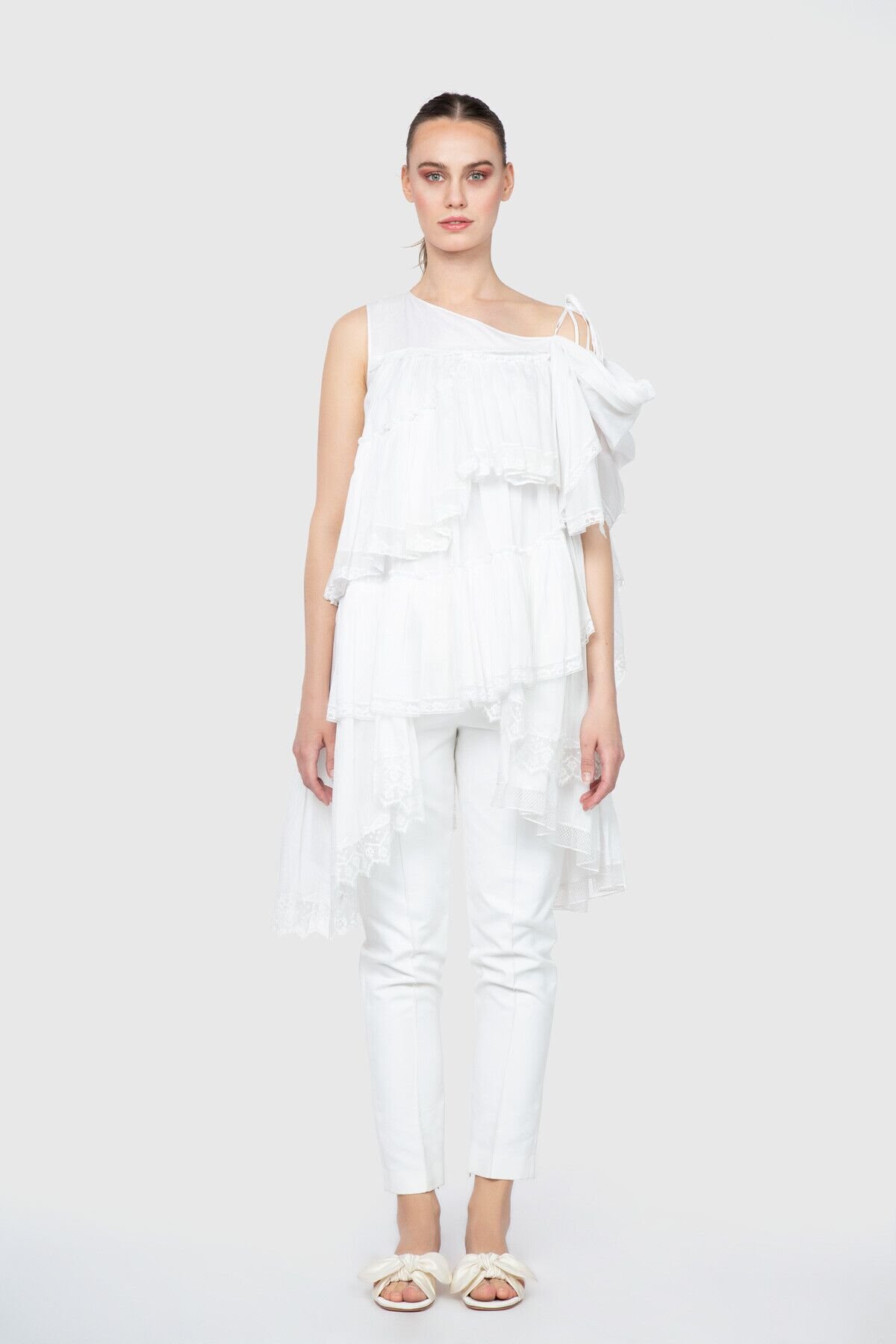 Shoulder Detailed Pleated White Dress