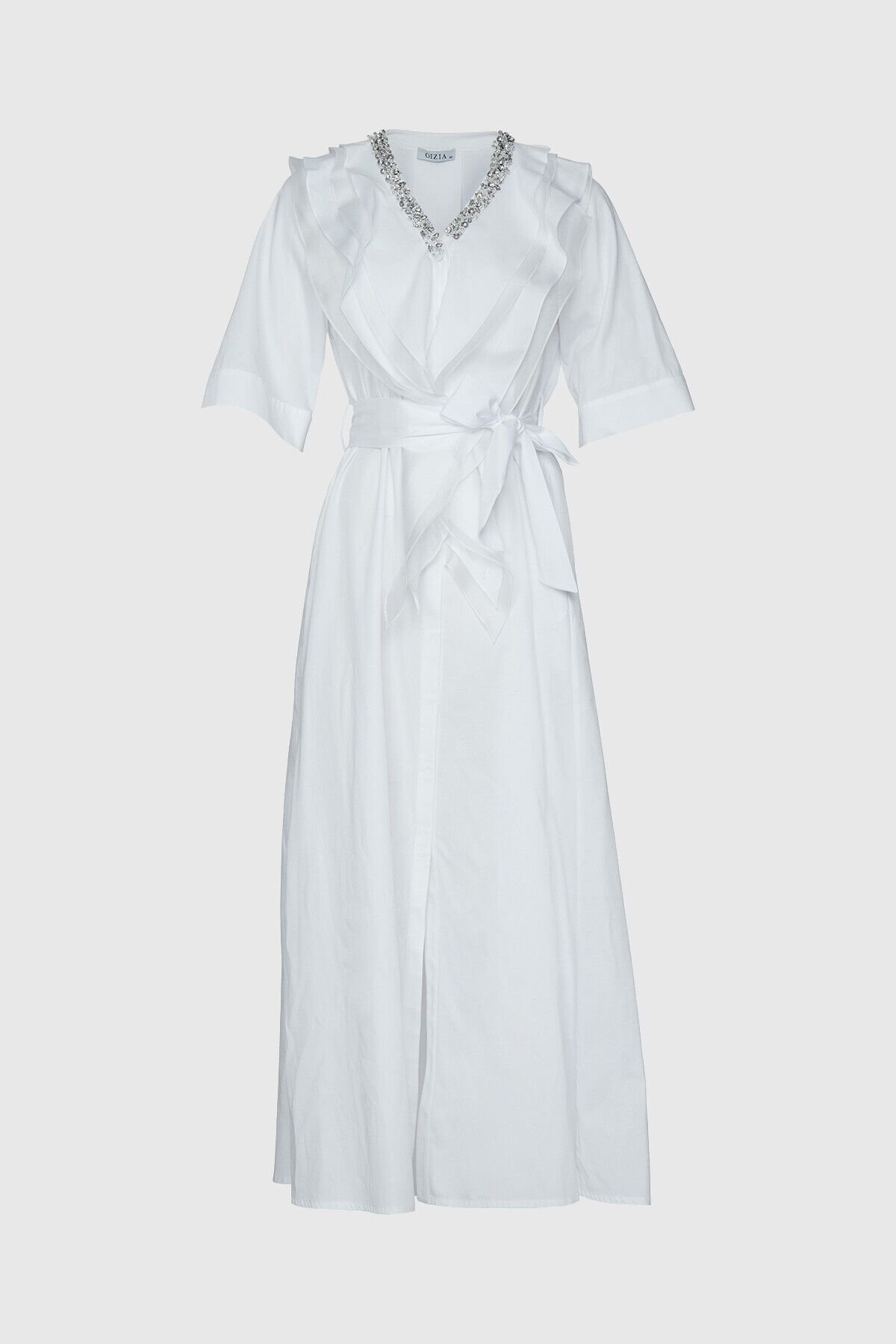 Stone And Waist Sash Tie Detailed Long White Dress