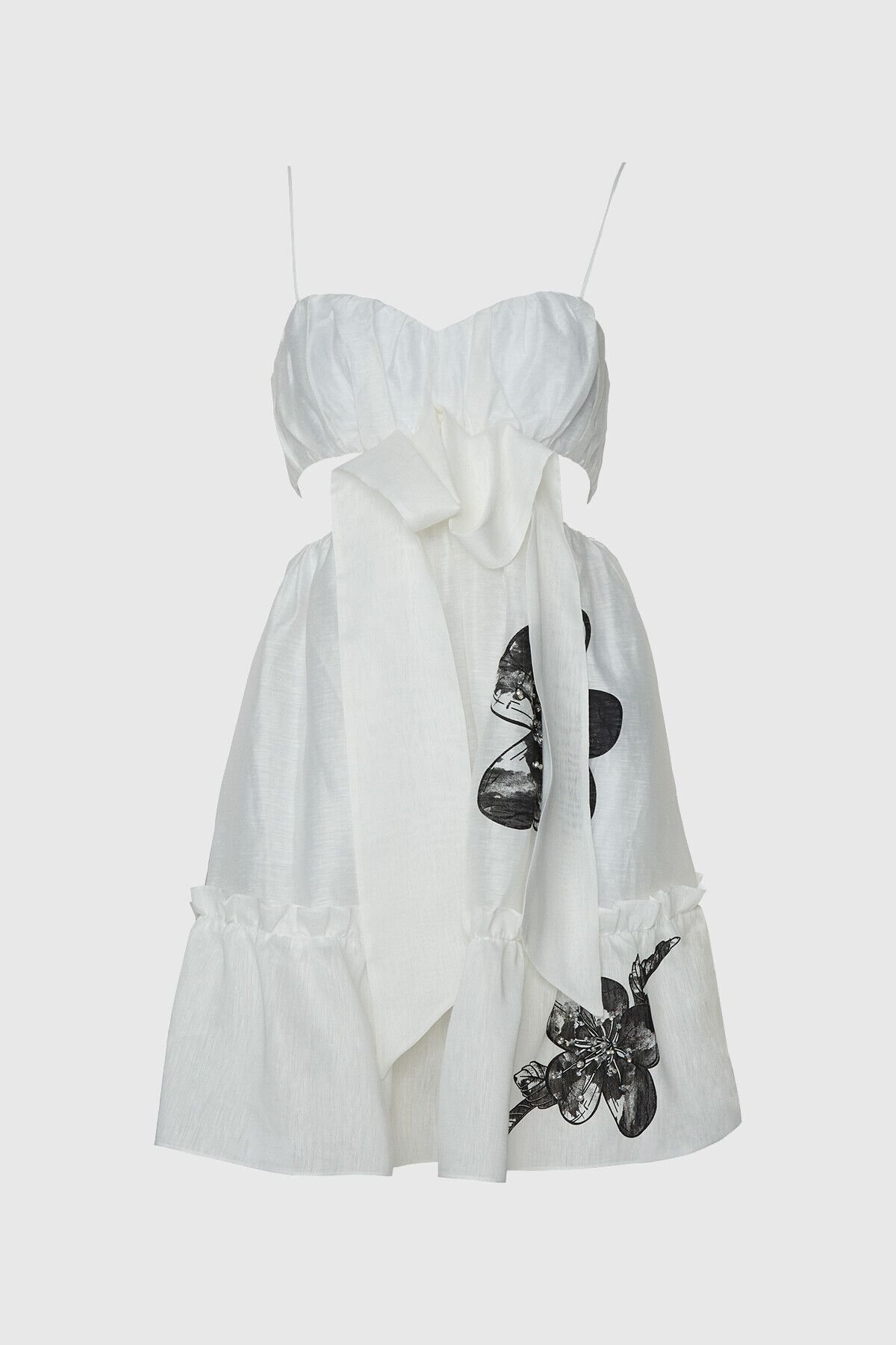 Çiçek Baskı Detaylı İp Askılı Trend Beyaz Elbise