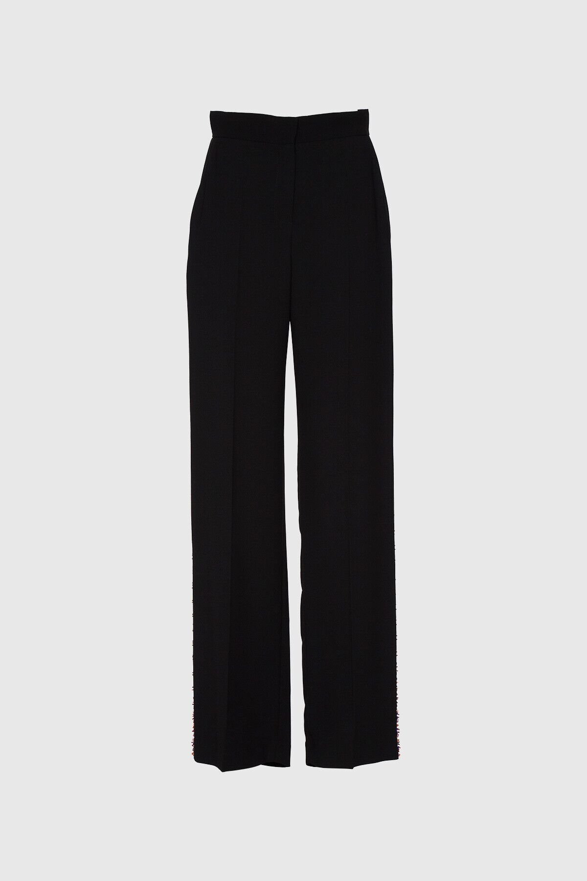 Yanı Boncuk İşleme Detaylı Yüksek Bel Geniş Paça Siyah Pantolon