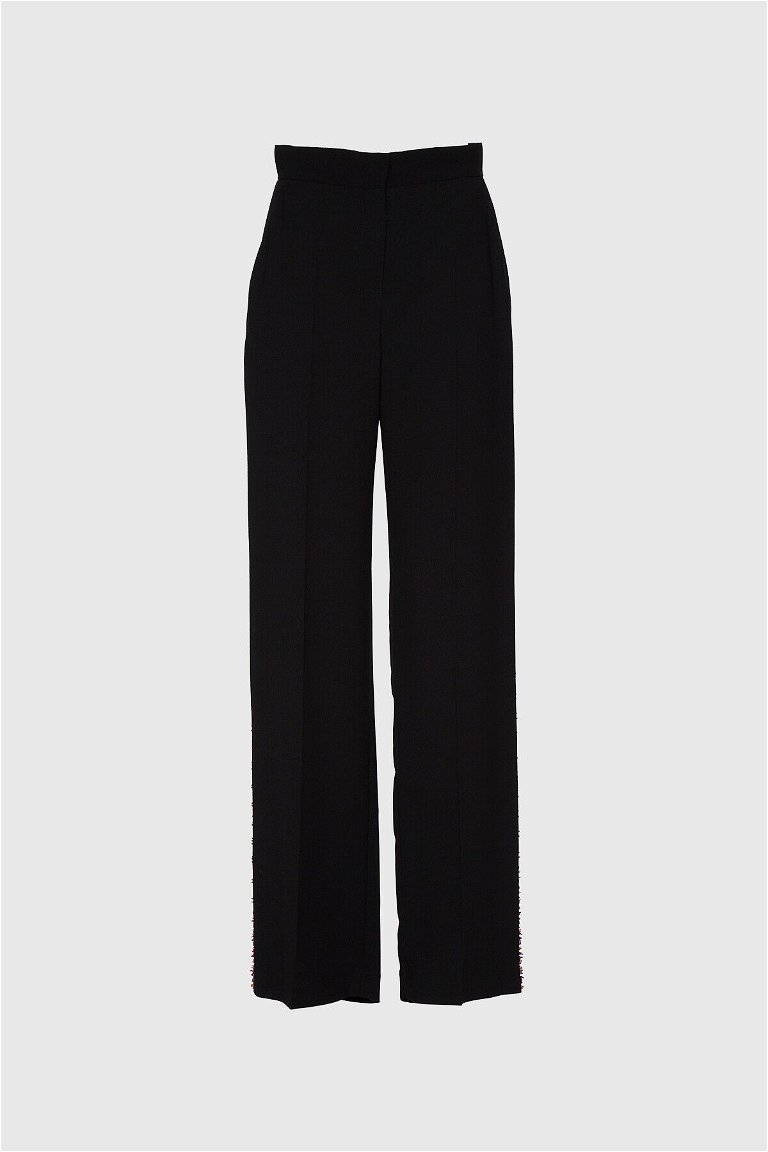  GIZIA - Yanı Boncuk İşleme Detaylı Yüksek Bel Geniş Paça Siyah Pantolon