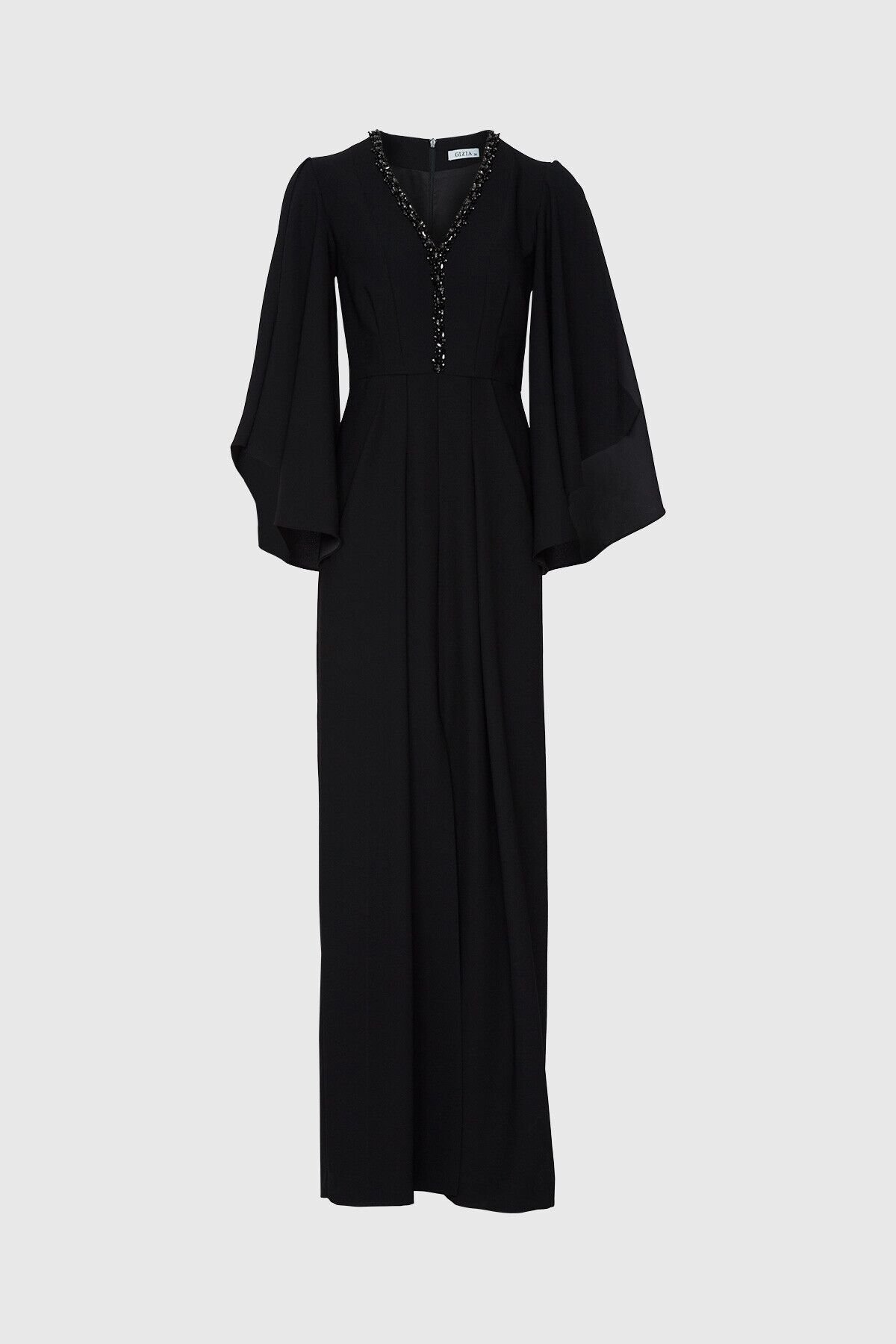 Yırtmaçlı Pelerin Kollu İşleme Detaylı Uzun Siyah Elbise