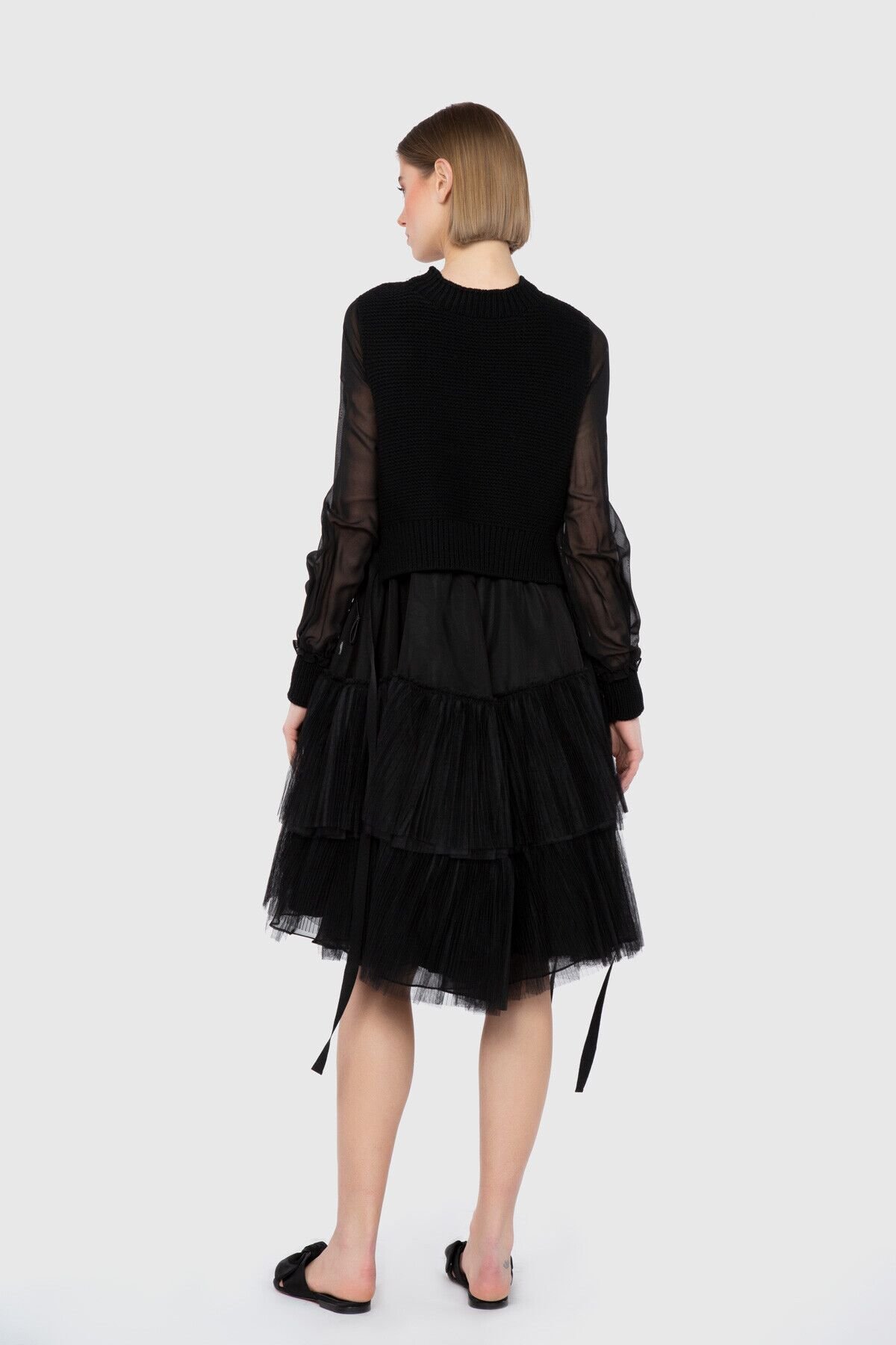 Dice Kayek Transparan Ve Katlı Etek Detaylı Siyah Tasarım Elbise