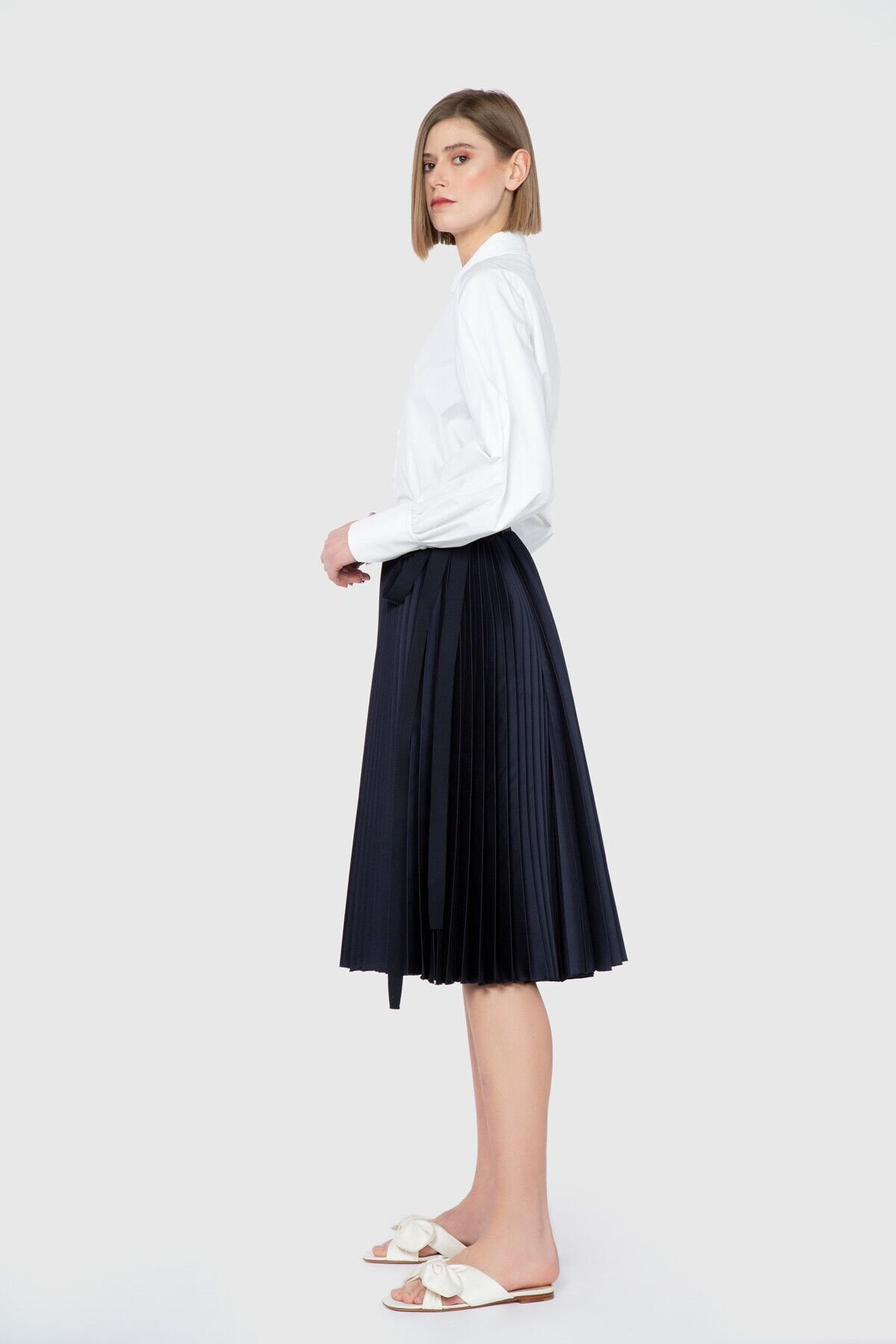 Pleat Knee Length Navy Blue Skirt