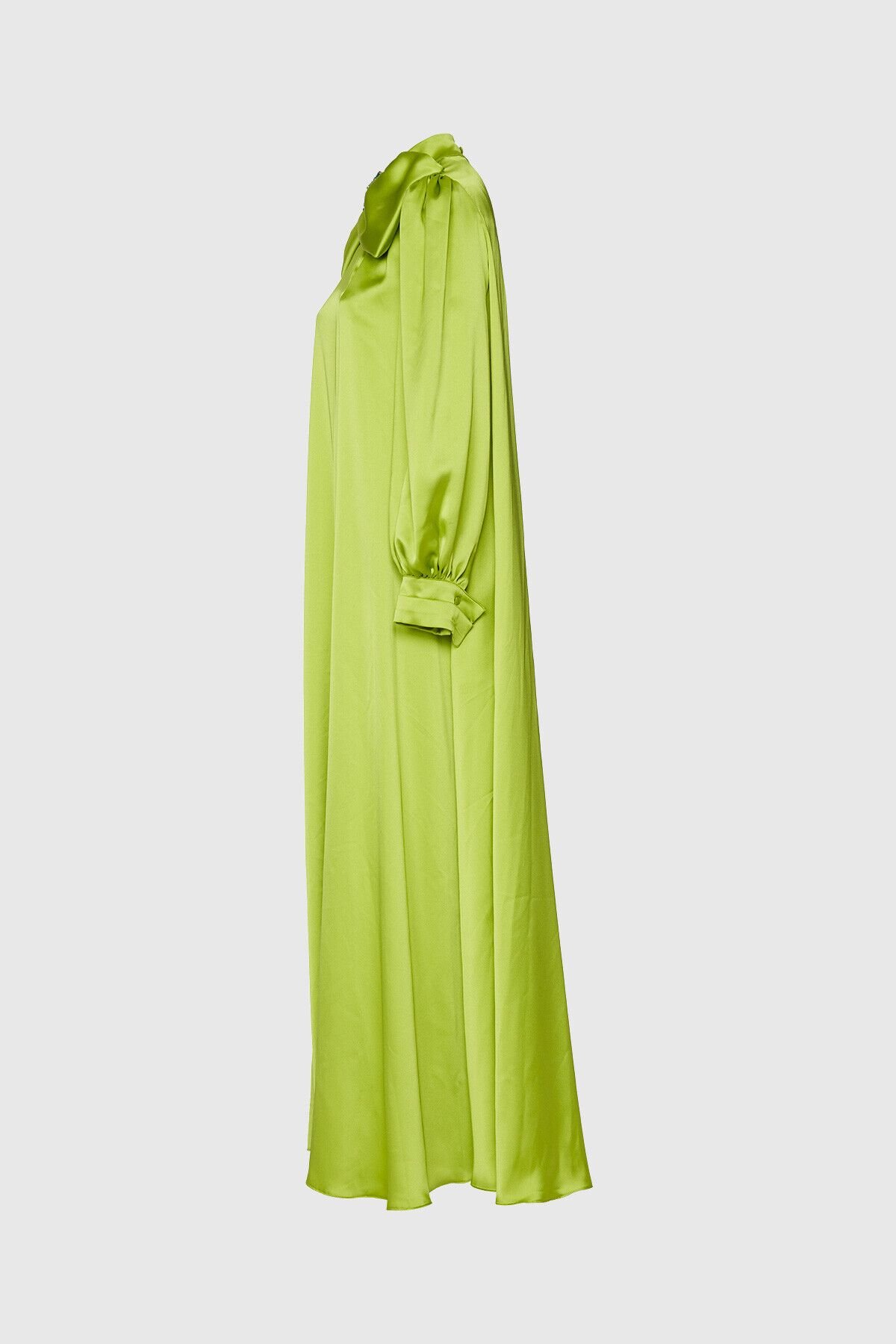 Embroidered And Bow Detailed Balloon Sleeve Maxi Length Satin Green Dress