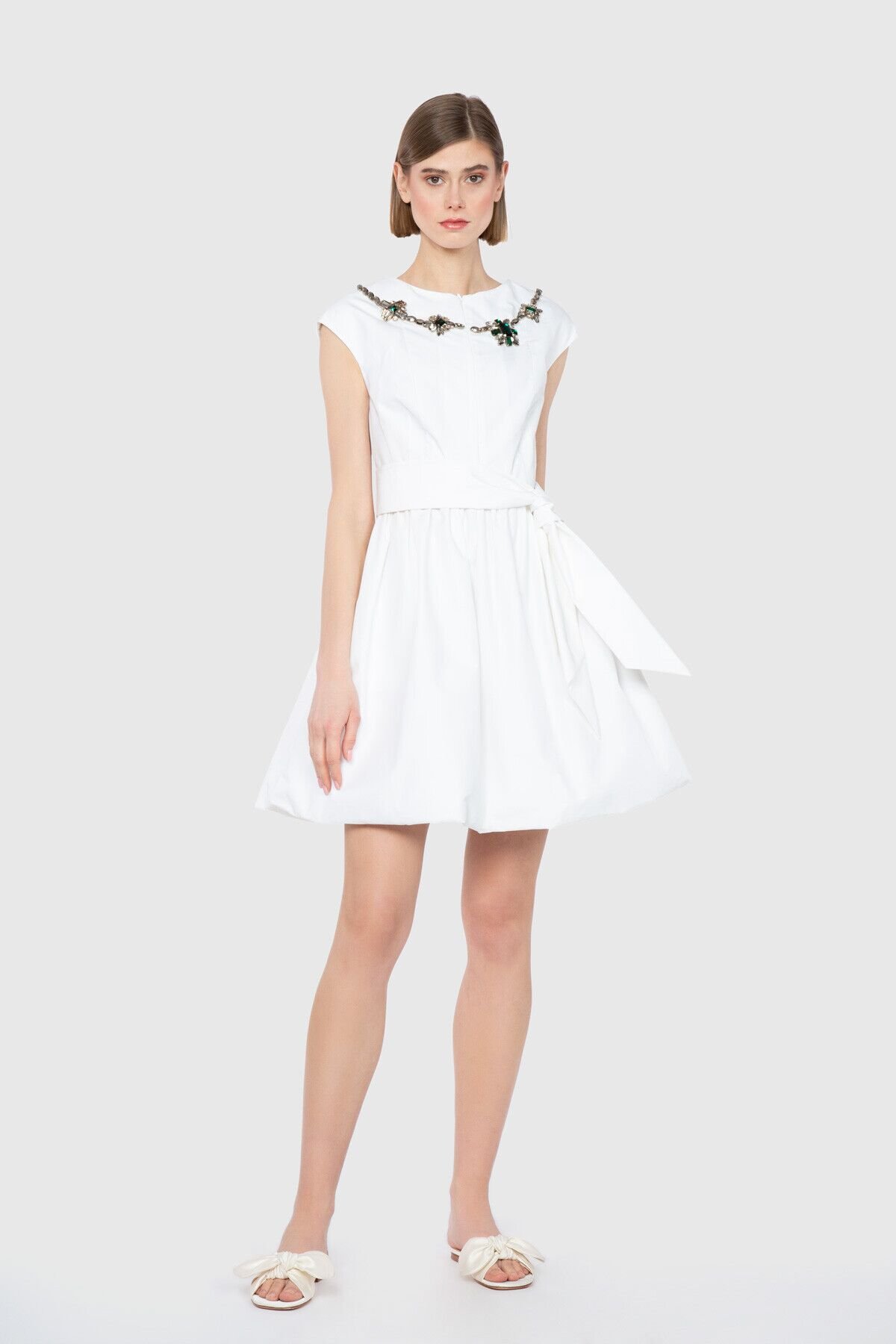Embroidered Collar Detailed Mini White Dress
