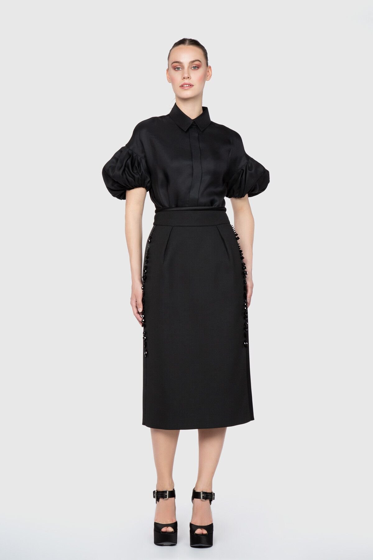 Embroidered Detailed High Waist Black Skirt