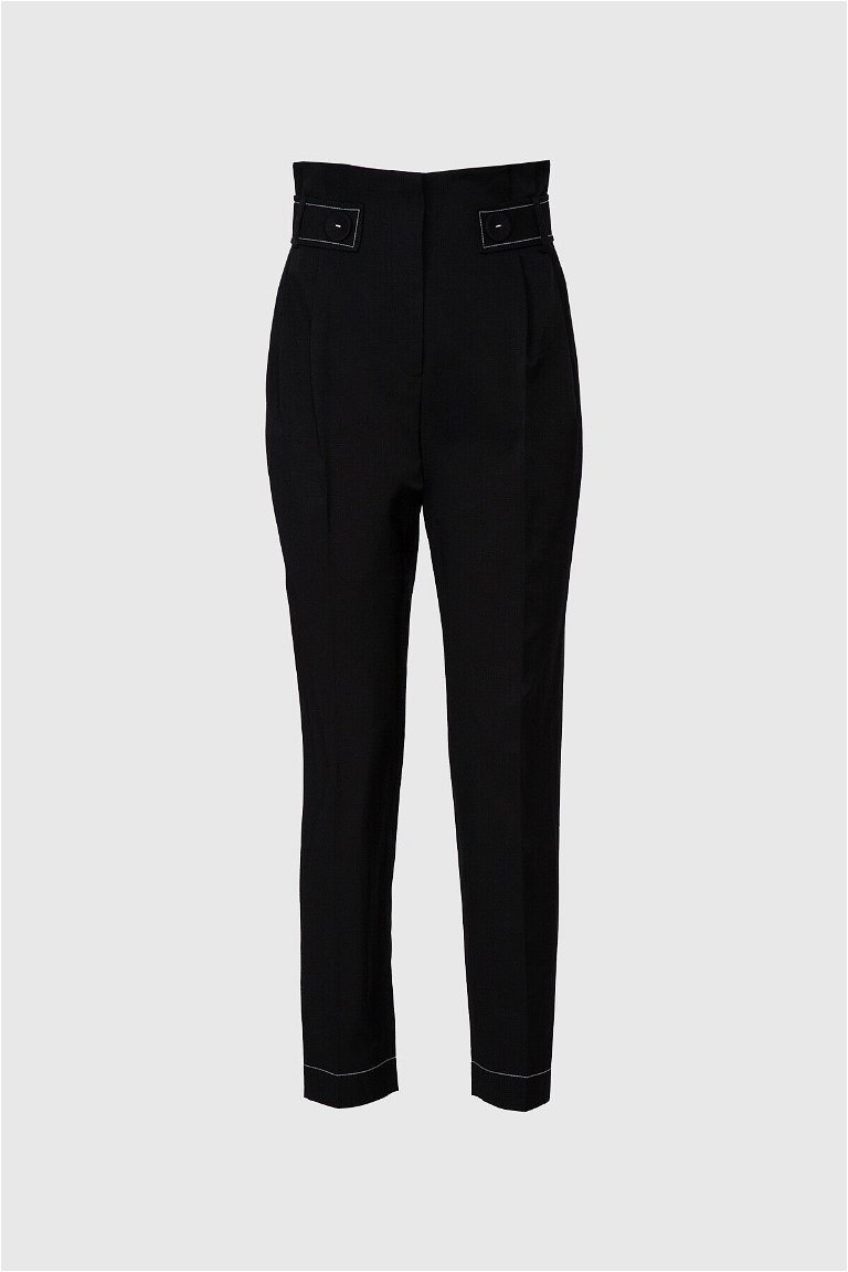 GIZIA - Kontrast Dikiş Detaylı Yüksek Bel Havuç Kesim Siyah Pantolon