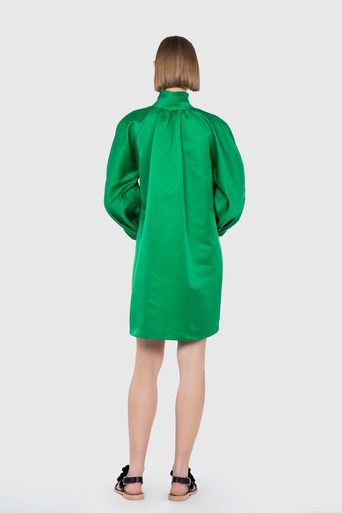 Voluminous Wide Cut Stand-up Collar Mini Green Dress