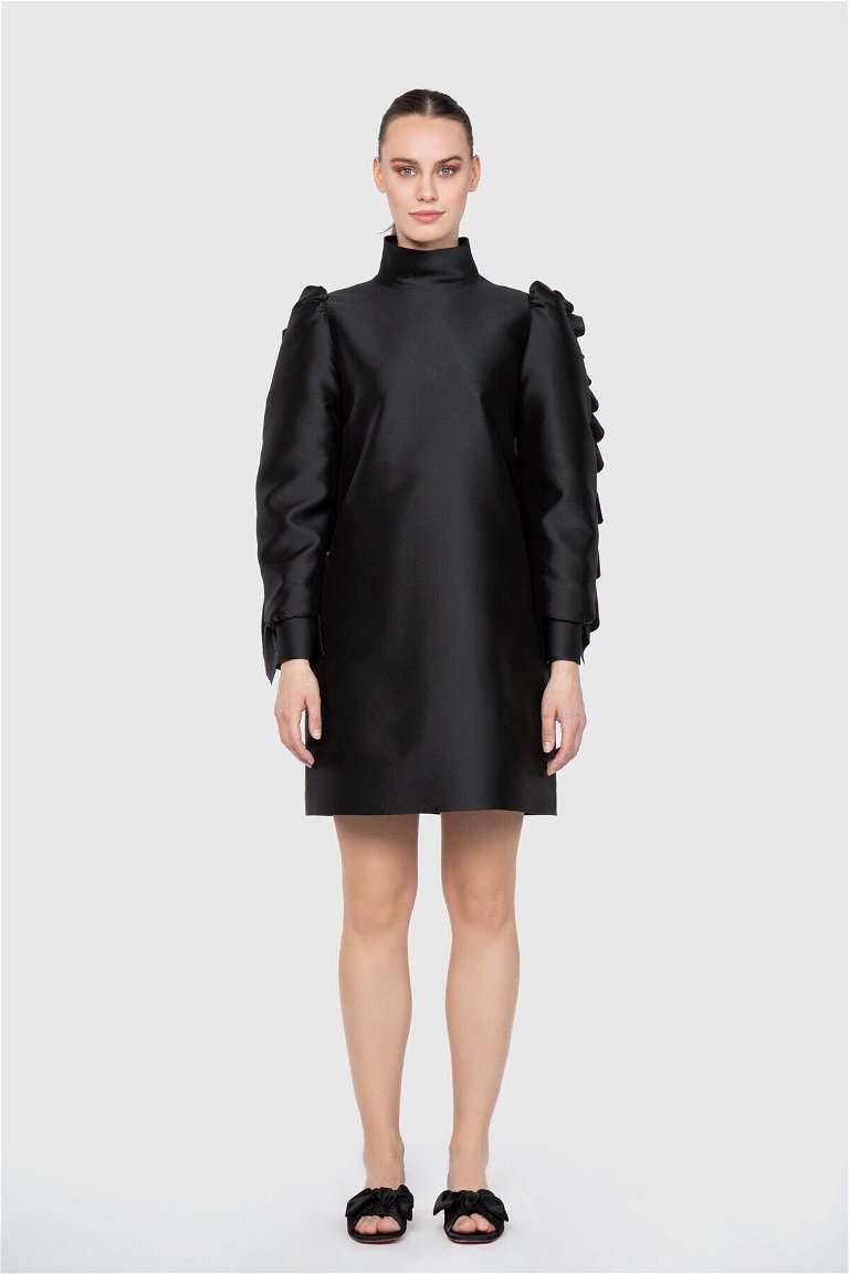  GIZIAGATE - Dice Kayek A Form Dik Yaka Mini Siyah Tasarım Elbise