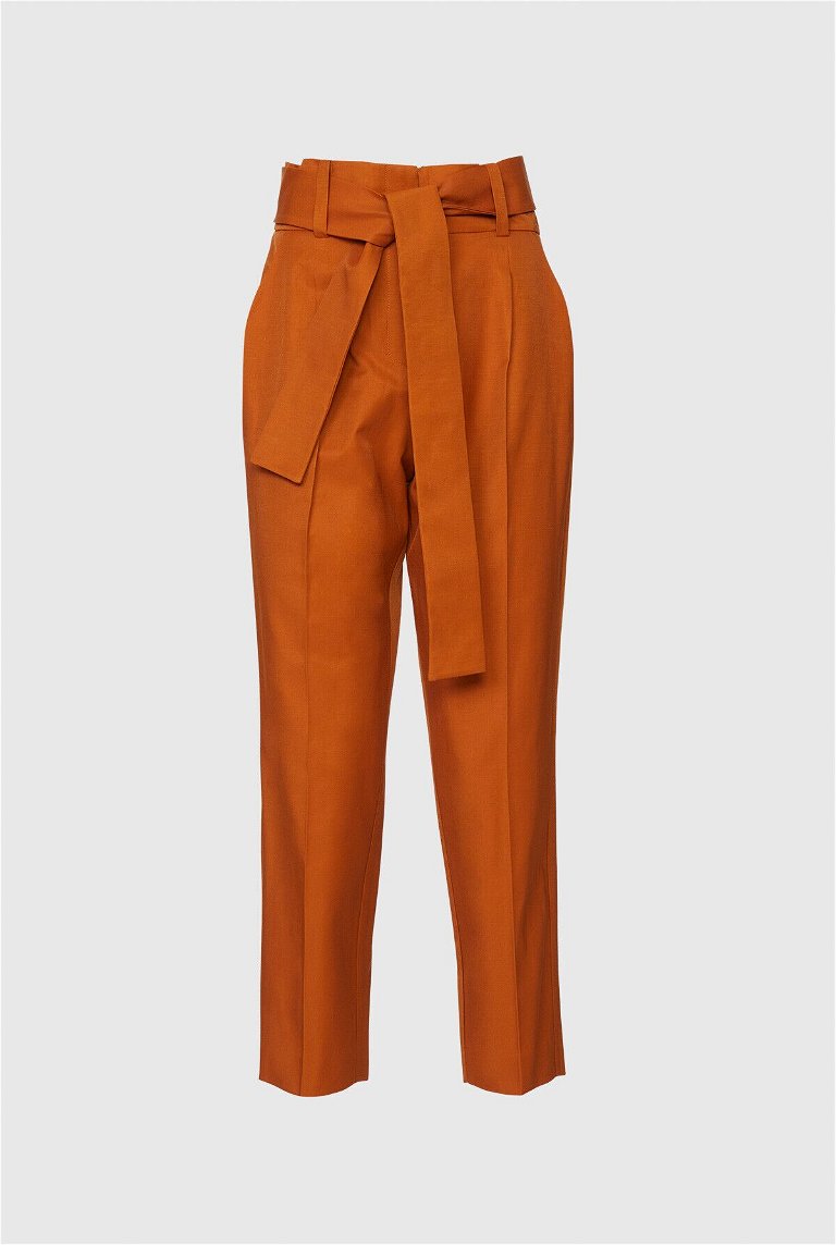  GIZIA - Yüksek Bel Kuşaklı Bilek Boy Tarçın Rengi Pantolon