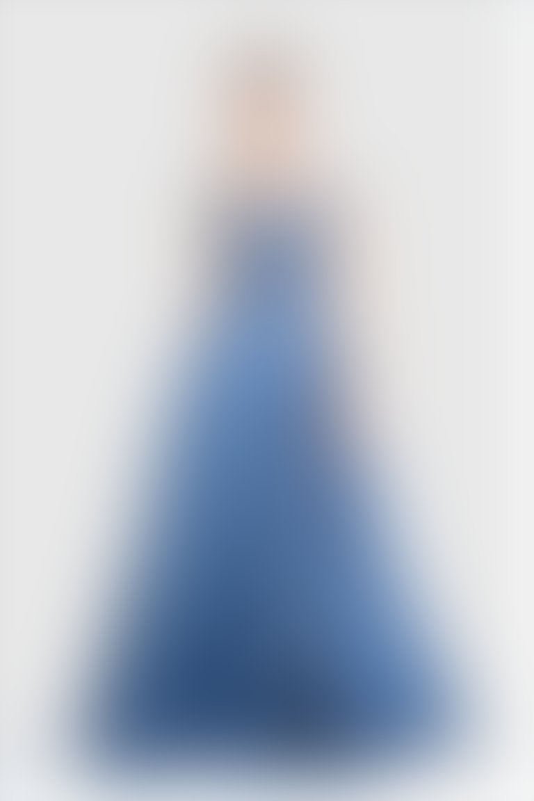 Hakan Yıldırım Kare Yaka Askılı Uzun Mavi Tasarım Elbise