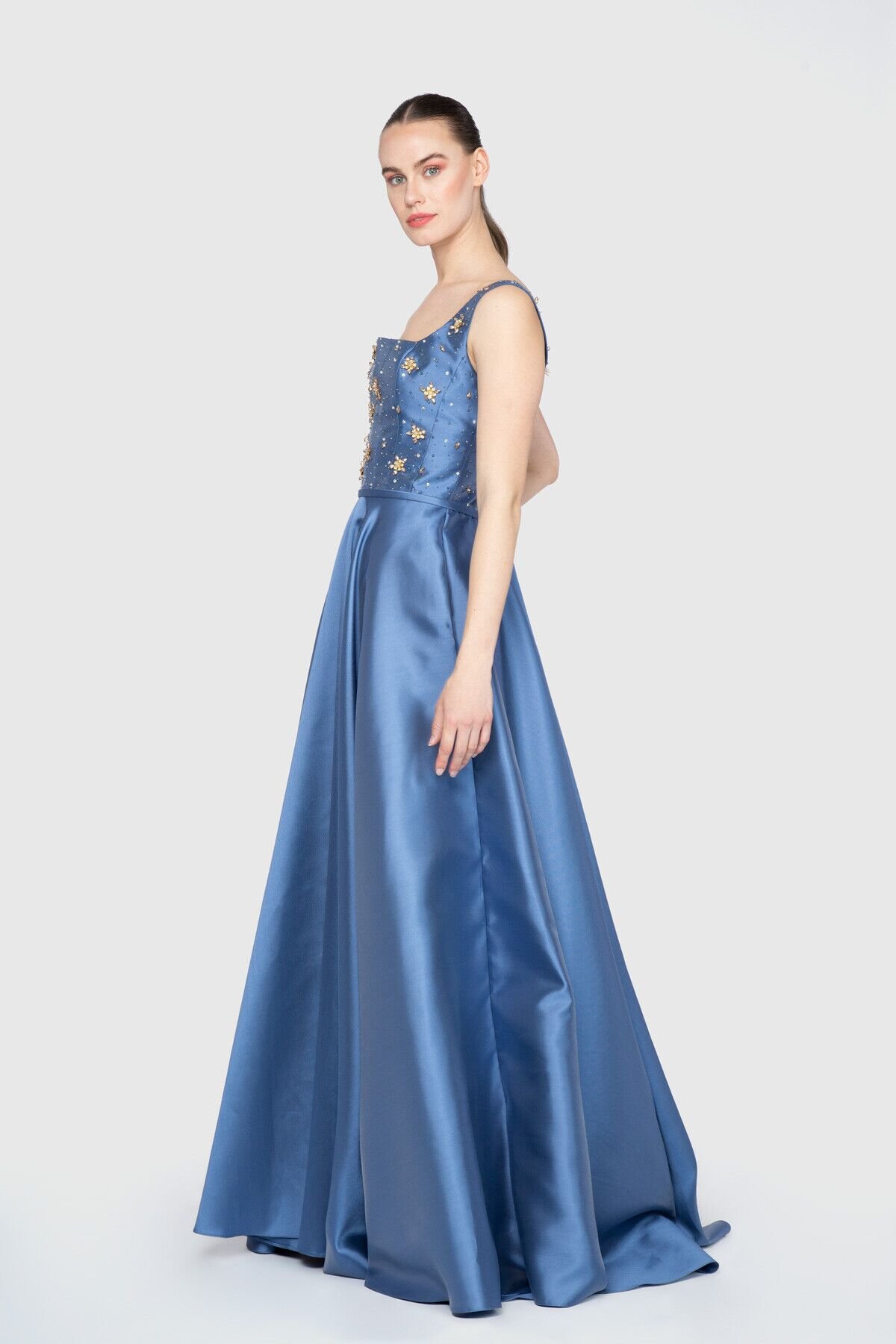 Square Neck Strap Voluminous Skirt Form Long Blue Dress