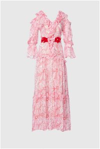 GIZIA - Embroidered Belt Detailed Frilly Long Chiffon Red Dress