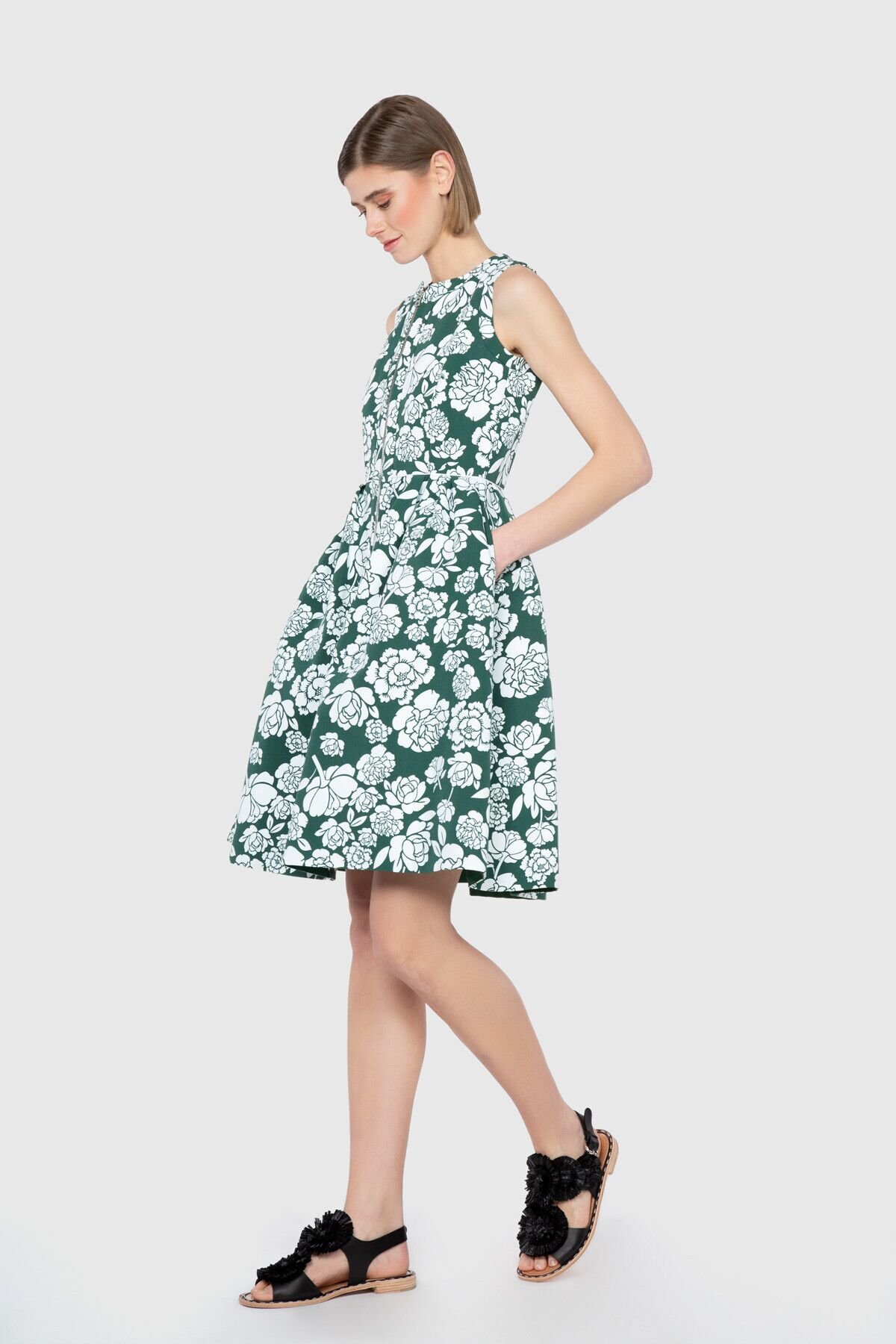 Dice Kayek Çiçek Desenli Hacimli Etek Form Diz Üstü Yeşil Tasarım Elbise