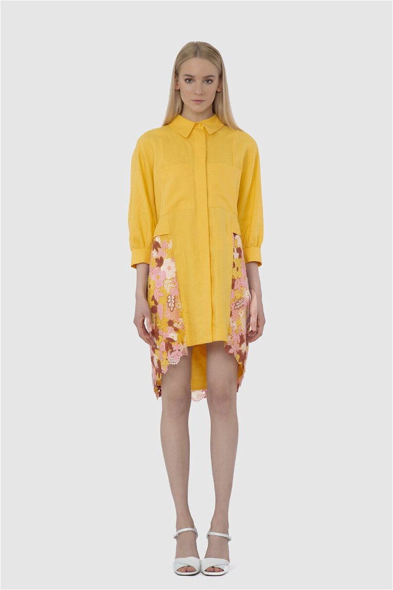 GIZIA - Çiçek İşleme Detaylı Sarı Gömlek Elbise