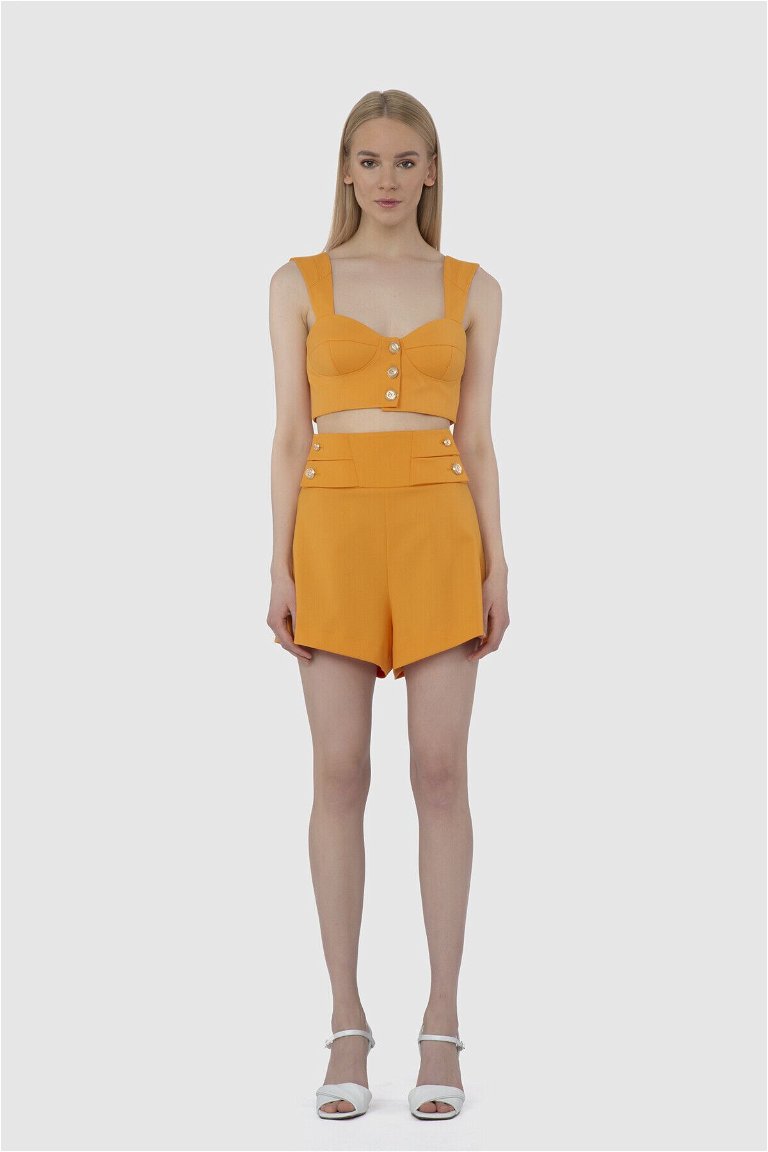 GIZIA - Metallic Button Detailed Yüksel Waist Orange Shorts