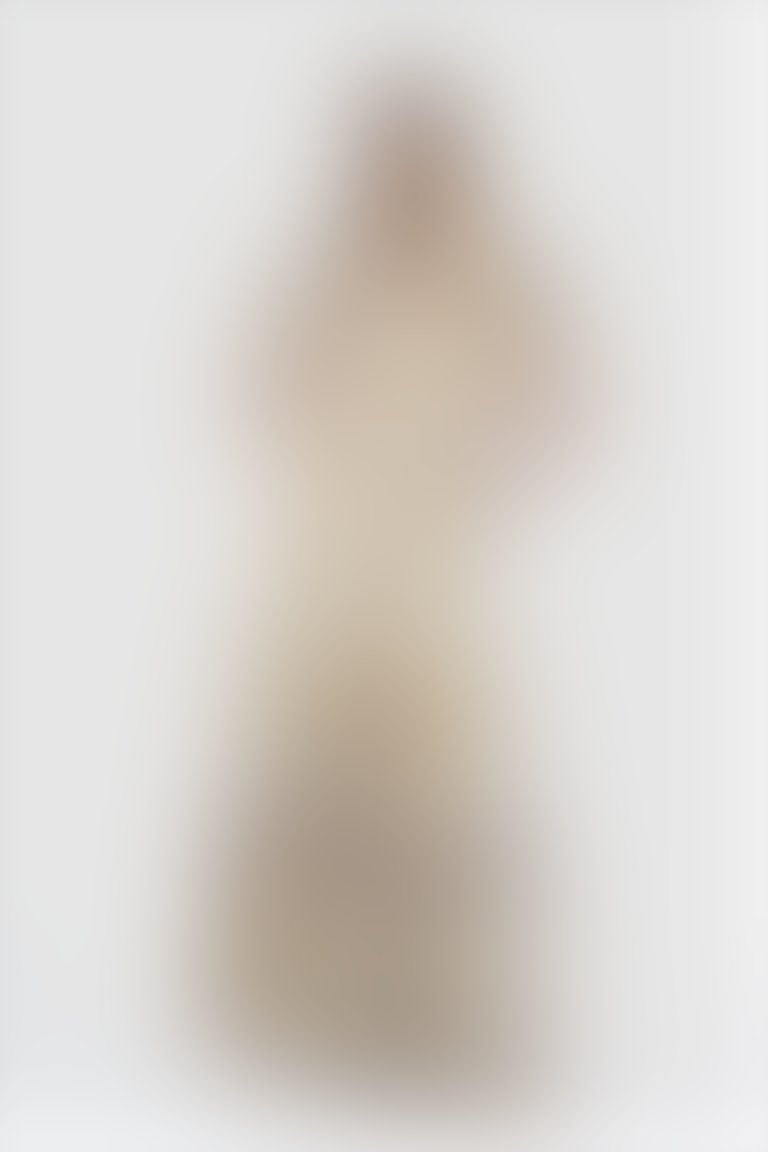 İşleme Nakış Detaylı Şifon Fırfırlı Uzun Ekru Kokteyl Elbisesi