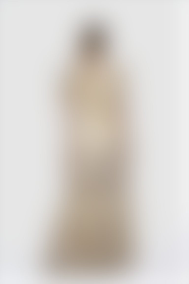 İşleme Nakış Detaylı Şifon Fırfırlı Uzun Ekru Kokteyl Elbisesi