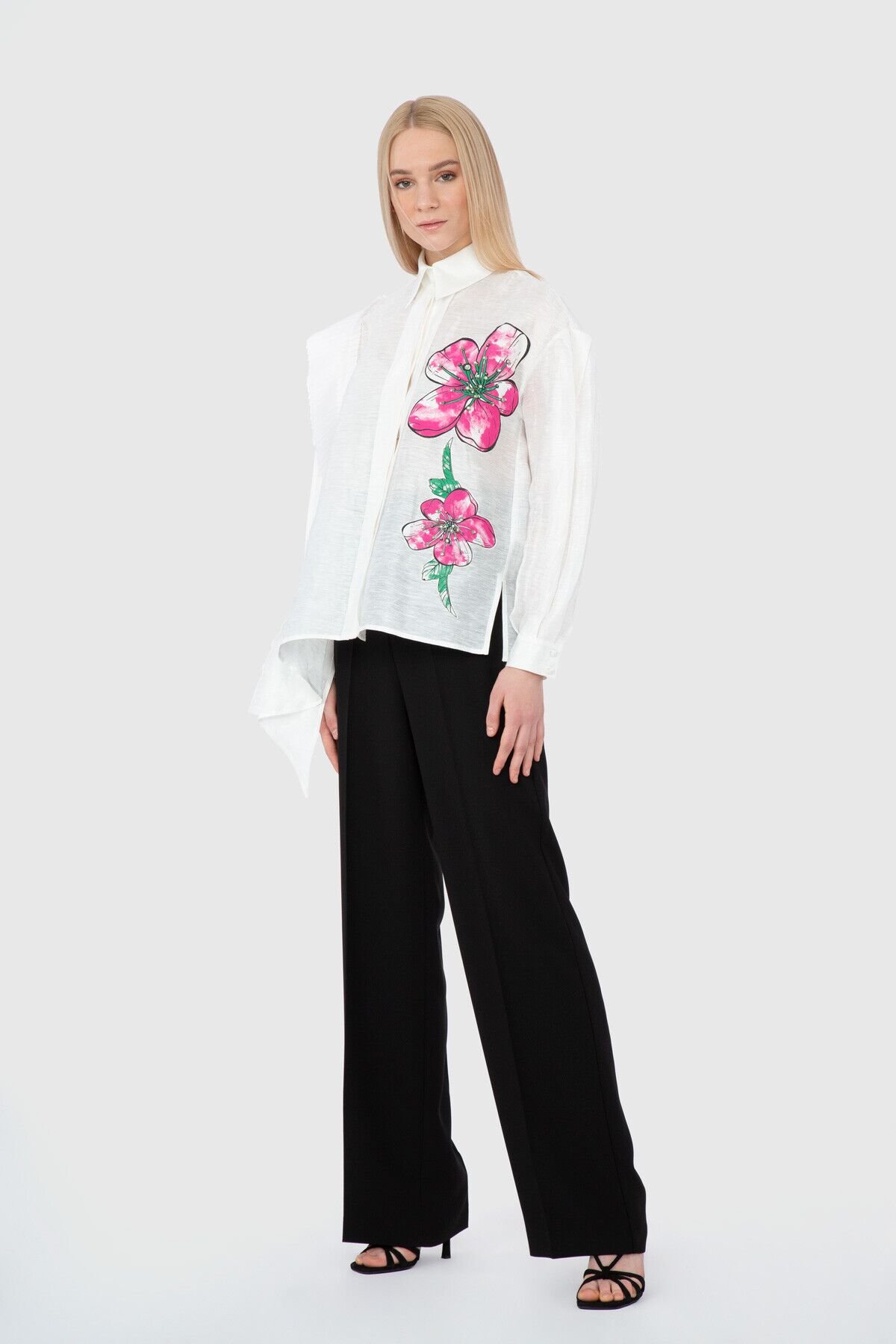 Floral Printed Organza Pleat Detailed White Shirt