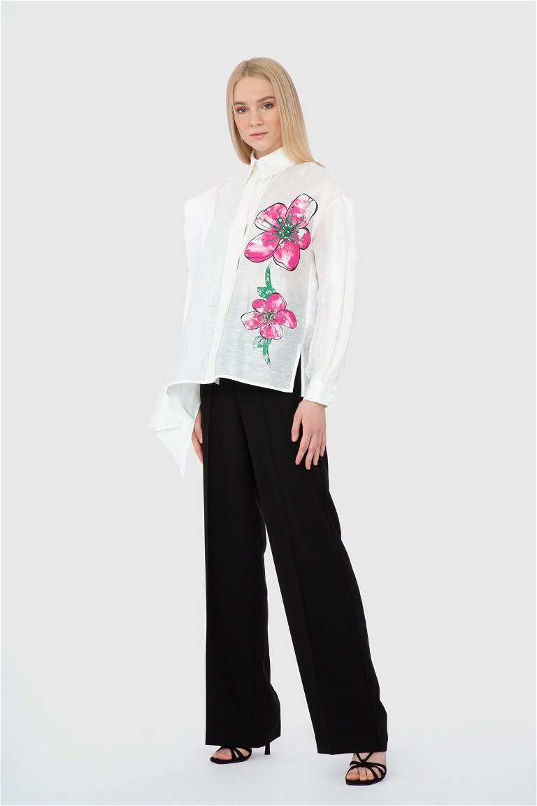 GIZIA - Floral Printed Organza Pleat Detailed White Shirt