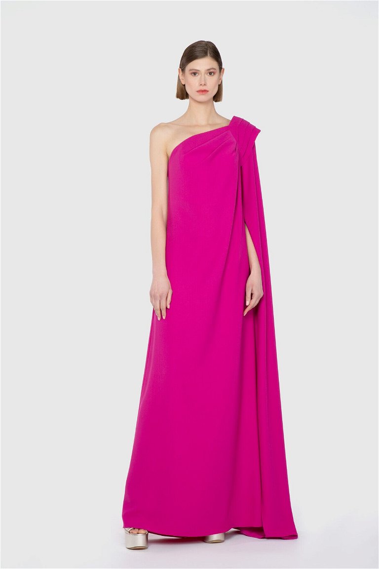 GIZIAGATE - One-Shoulder Cape Look Long Pink Evening Dress
