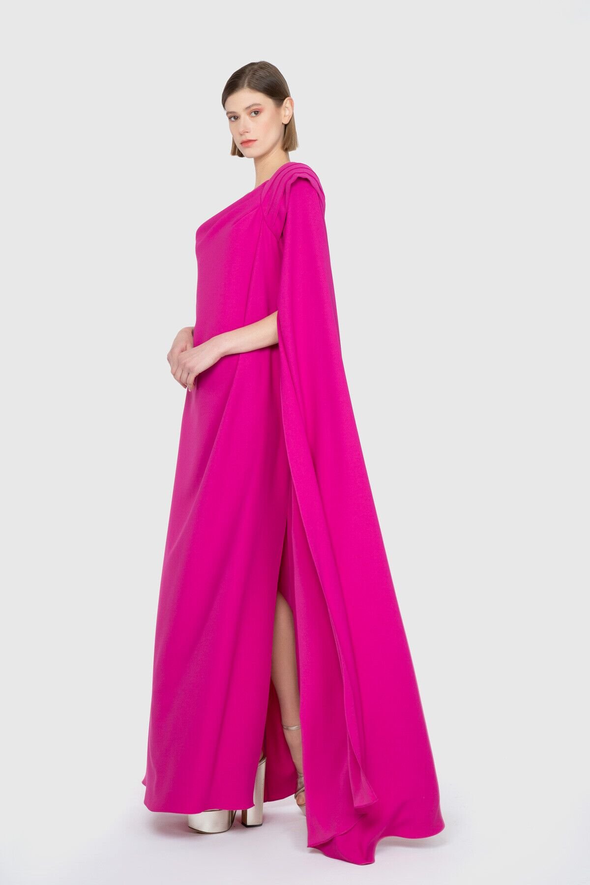One-Shoulder Cape Look Long Pink Evening Dress