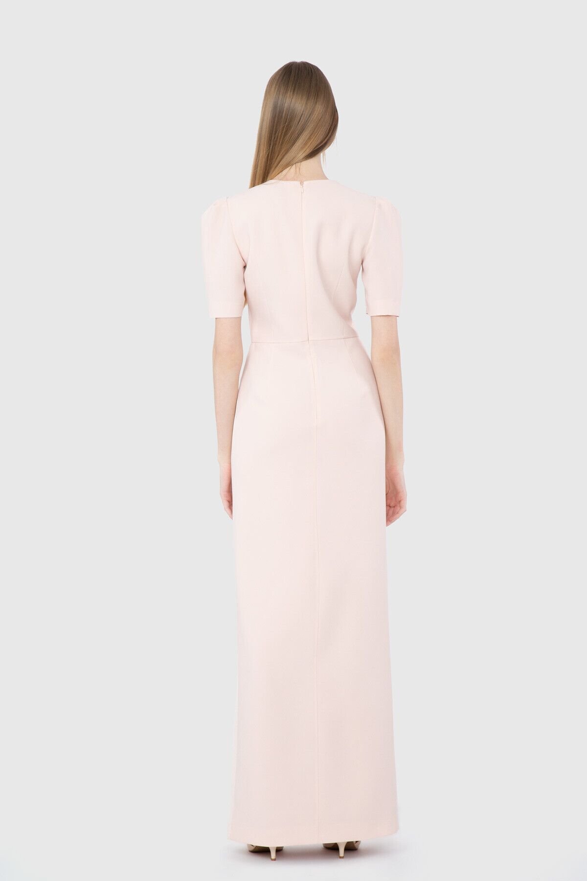 Front Double Slit Embroidered Detailed Pink Evening Dress