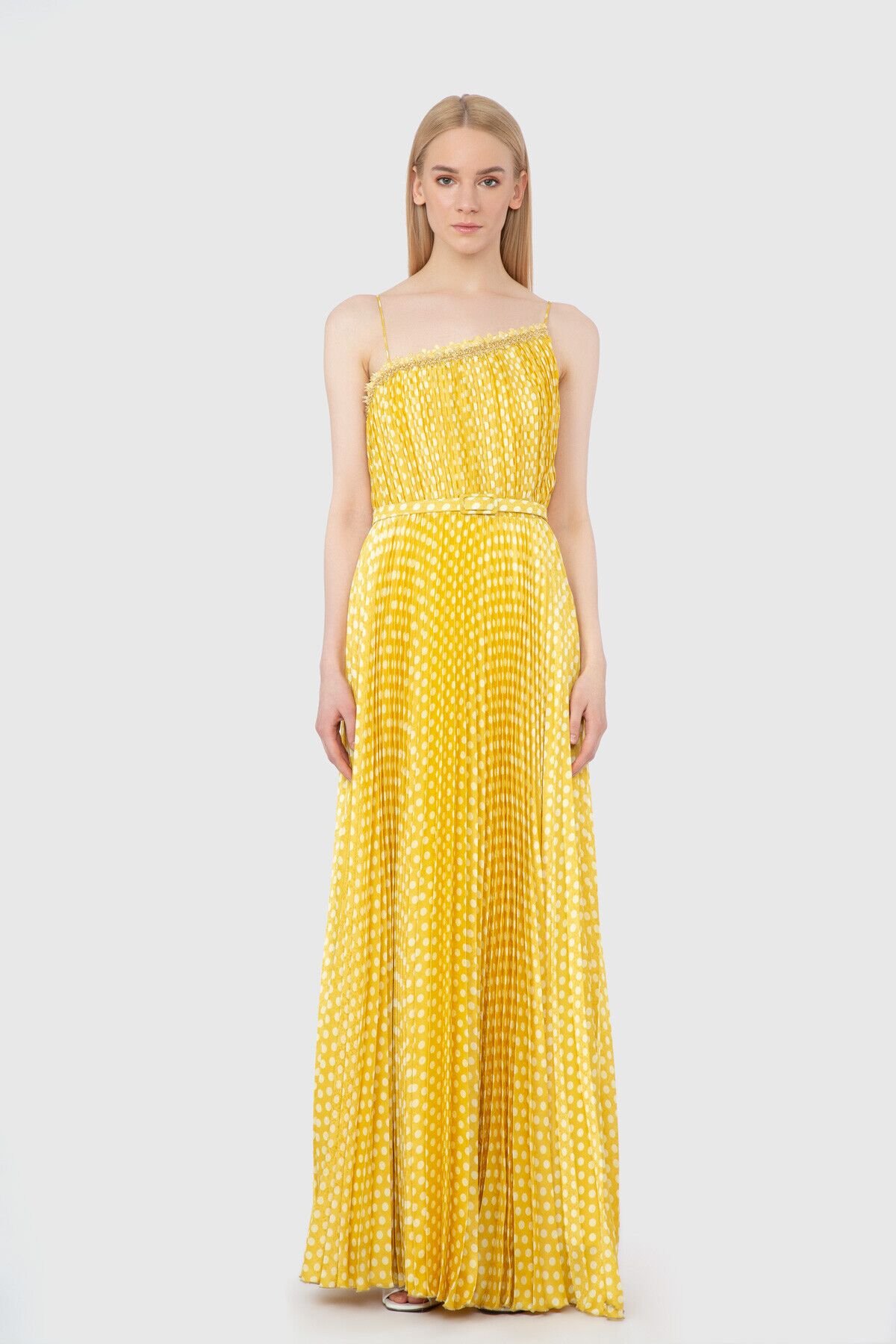 With Stripe Accessory Strap Pleated Yellow Dress 