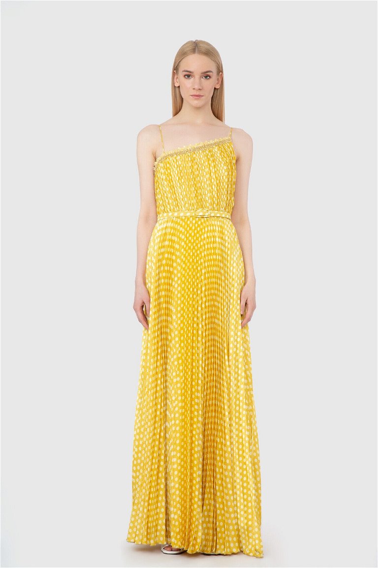  GIZIA - With Stripe Accessory Strap Pleated Yellow Dress 