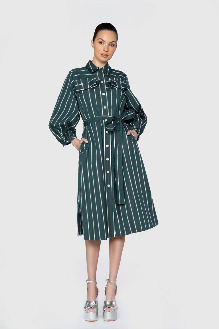 GIZIAGATE - فستان قميص أخضر متوسط ​​الطول منقوش بخط
