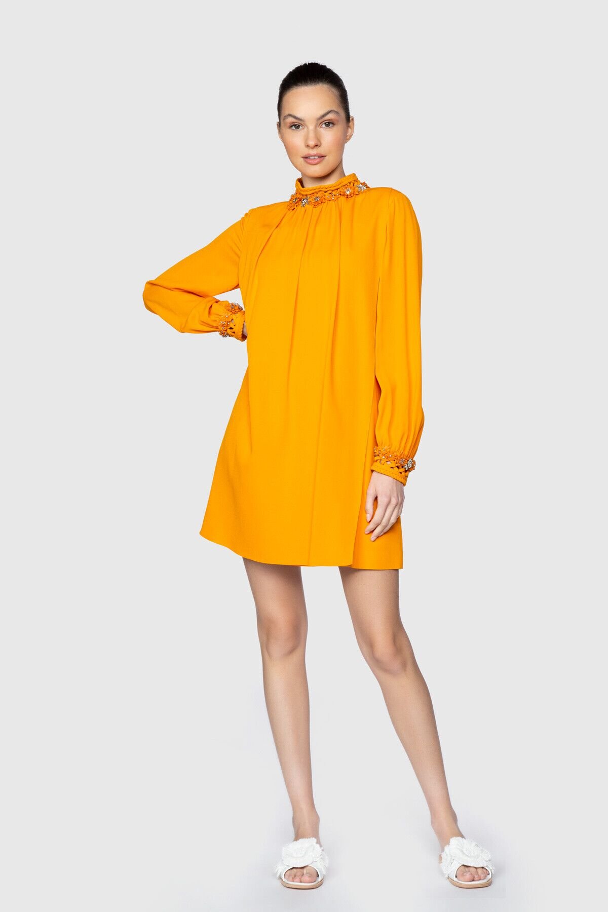 Dice Kayek Yakası İşlemeli Mini Sarı Tasarım Parti Elbisesi