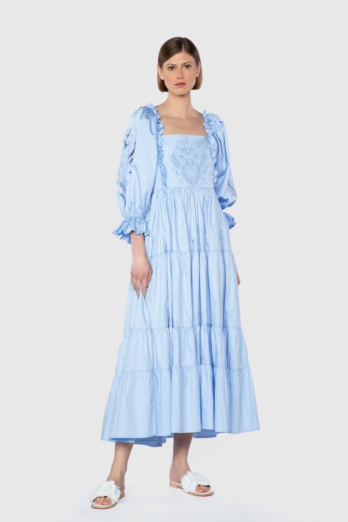 Voluminous Sleeve Ankle-Length Blue Dress
