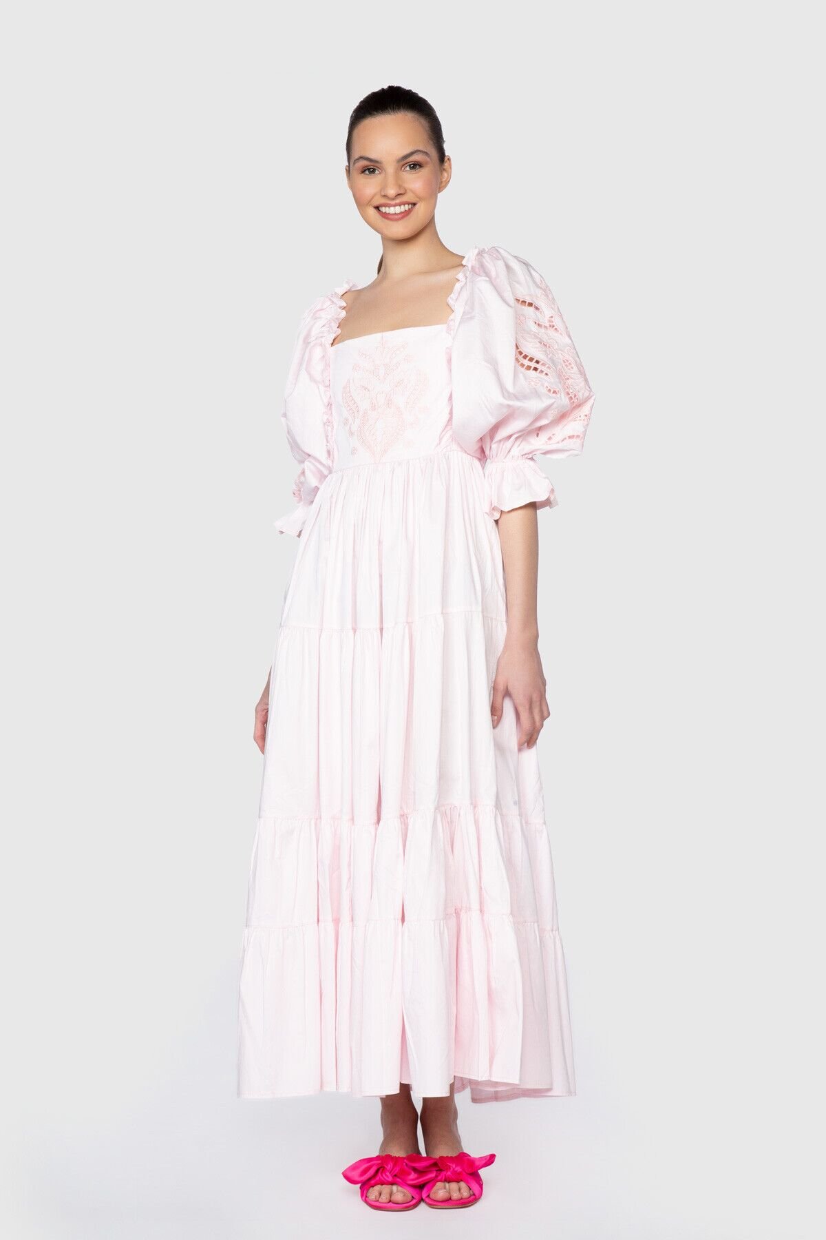 Voluminous Sleeve Ankle-Length Pink Dress