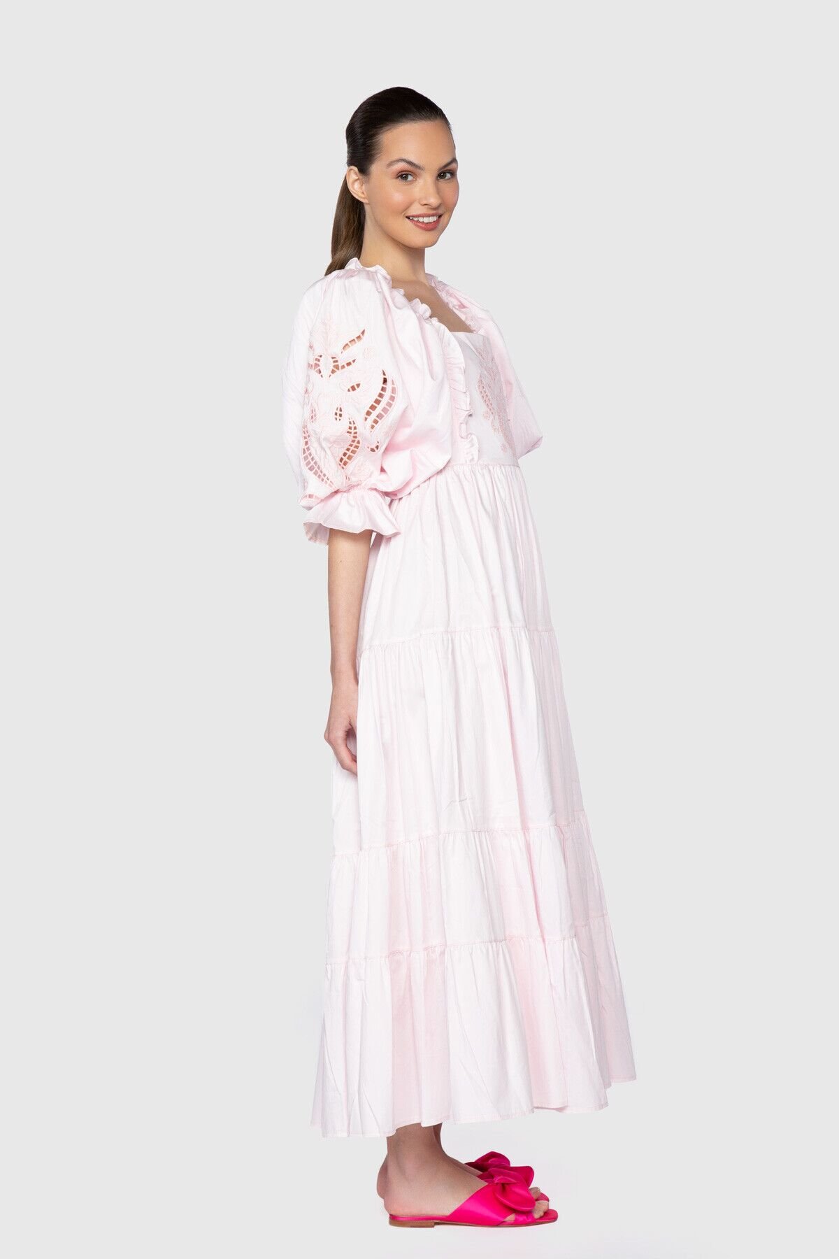 Voluminous Sleeve Ankle-Length Pink Dress