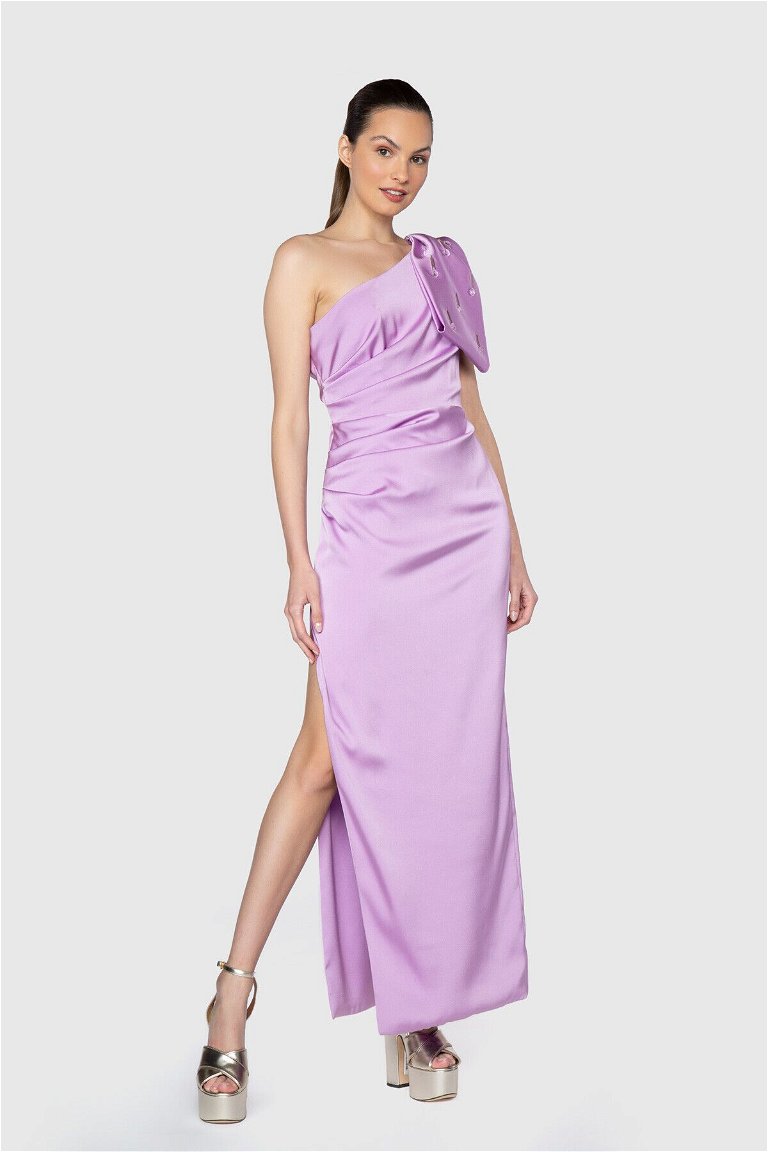 GIZIAGATE - One Shoulder Embroidered Detailed Ankle Length Evening Dress